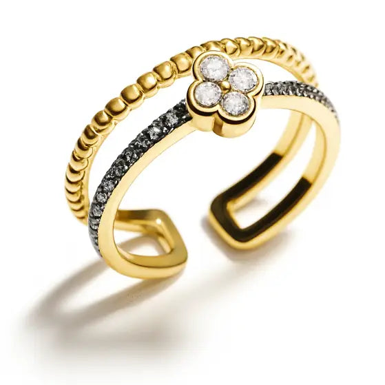 Golden Adjustable Double Band Ring – CZ Flower Detail