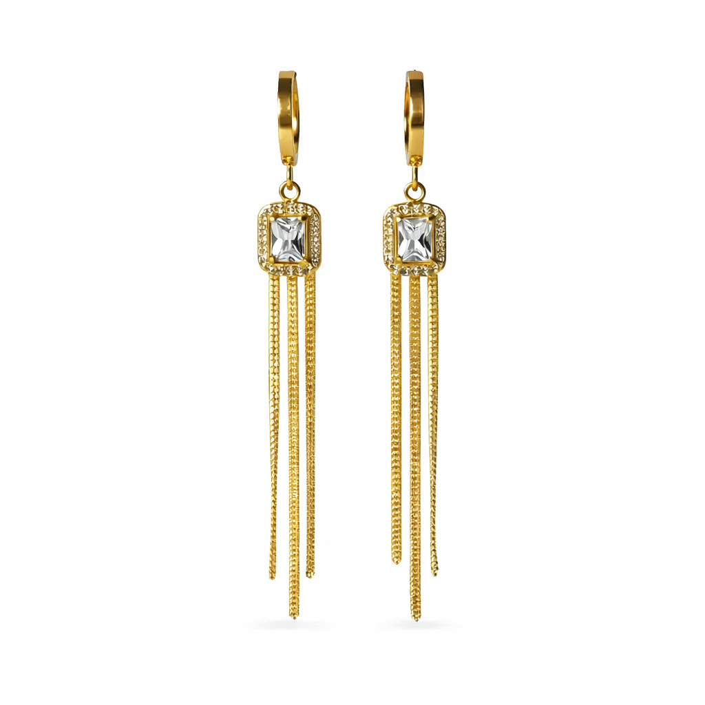 Stainless Steel Golden Long Tassel Earrings with CZ Accent