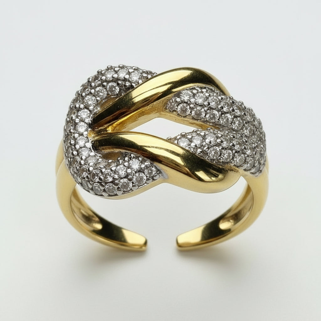Golden Knot Ring – Intertwined Elegance with Sparkling CZs