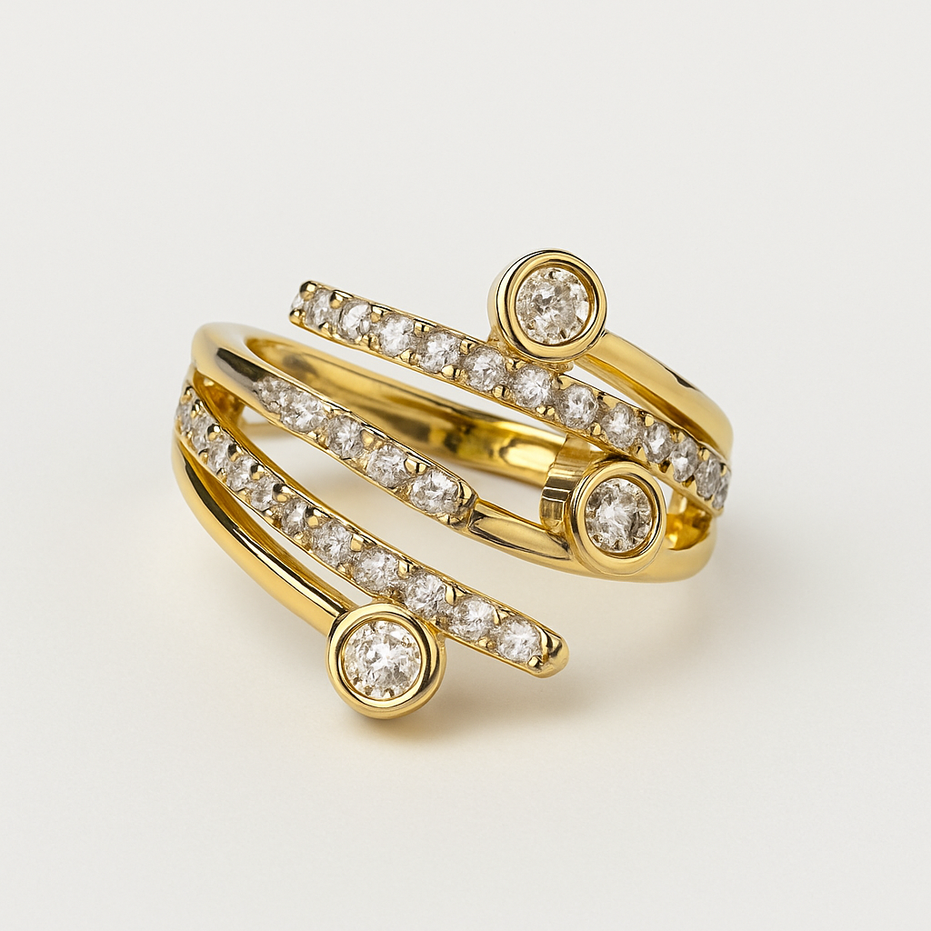 Triple Bezel Spiral Ring – Golden CZ Adjustable Wrap Design
