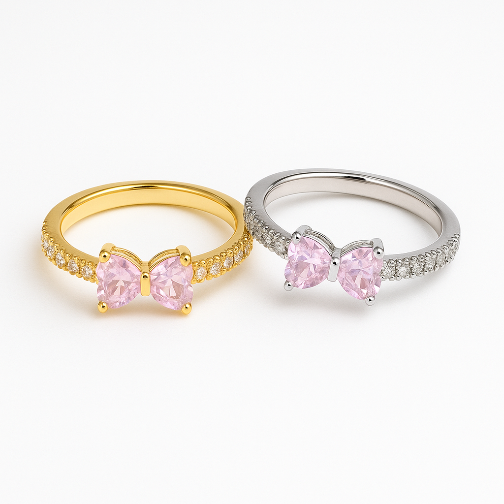 Pink Heart Bow Ring – Adjustable Golden and Silver Color Variants