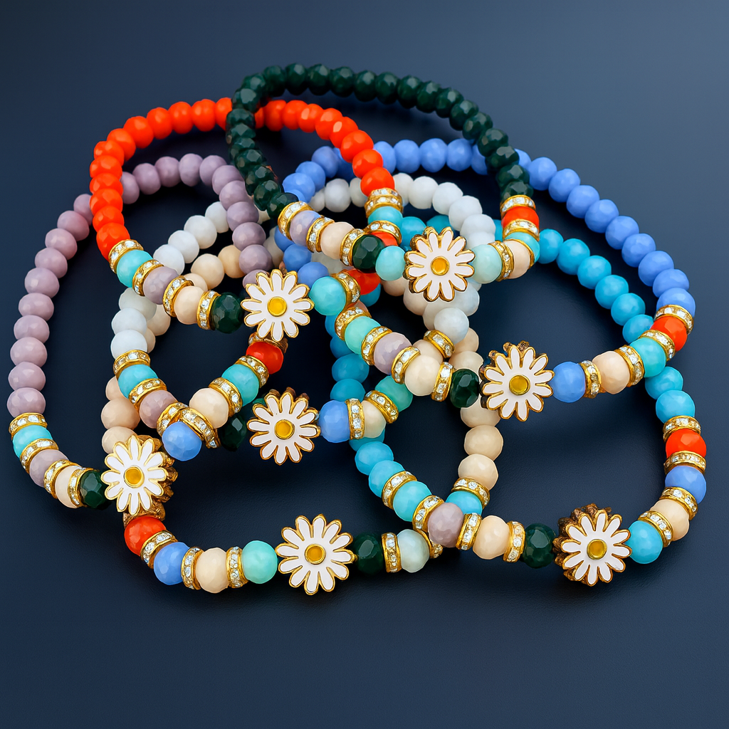 Stretchy Bracelet Set of 7 - Crystal Flower Charm 