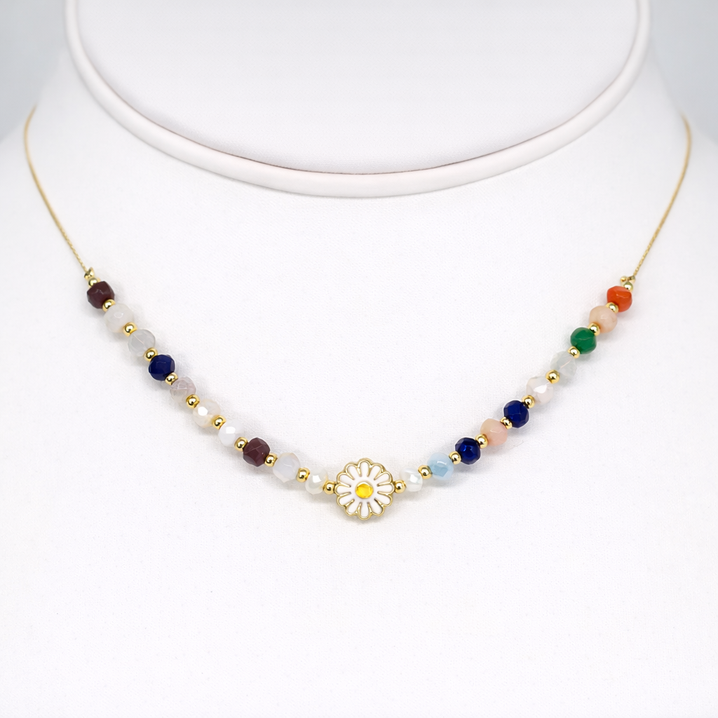 Gold Plated Daisy Beaded Necklace - Handmade Protection