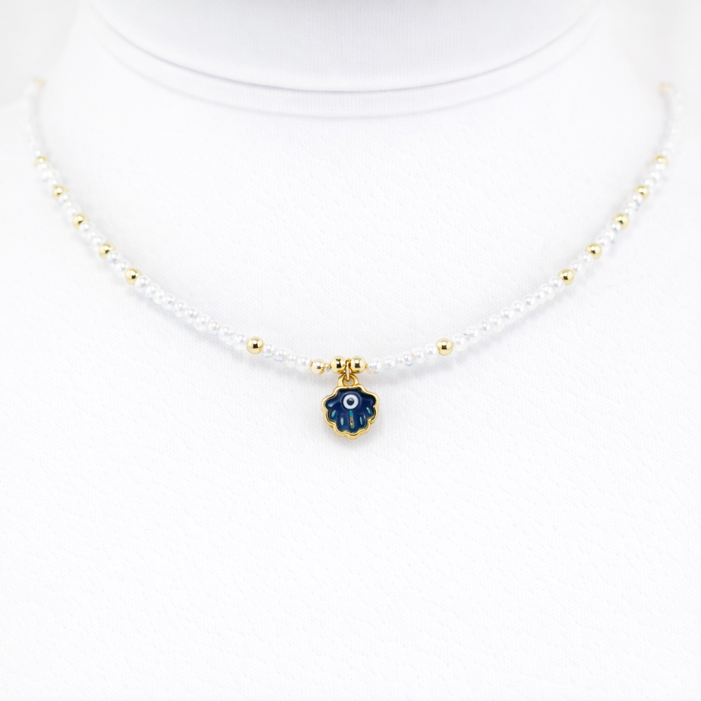 White Beaded Evil Eye Summer Necklace: Stylish Protection