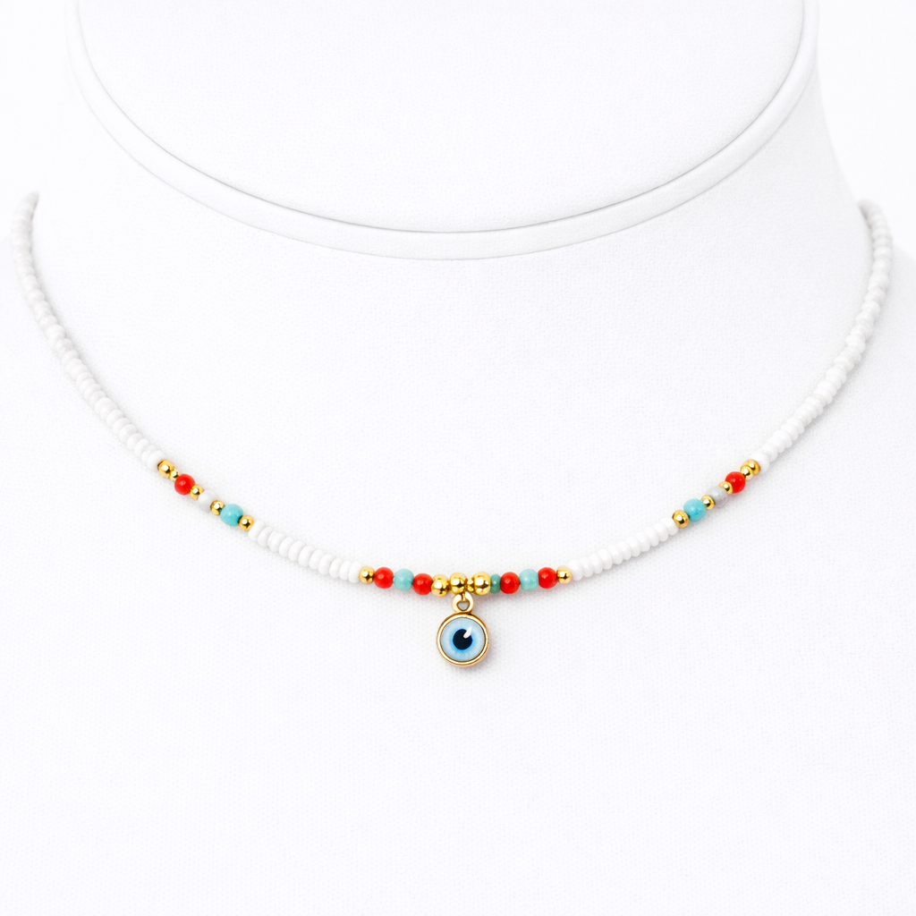 White Evil Eye Beaded Necklace - Handcrafted Turkish Jewelry