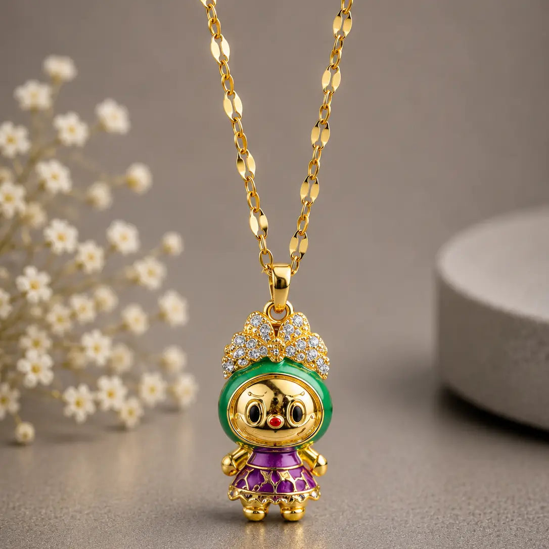 Princess Bunny Pendant Necklace - Gold Tone Stainless Steel 
