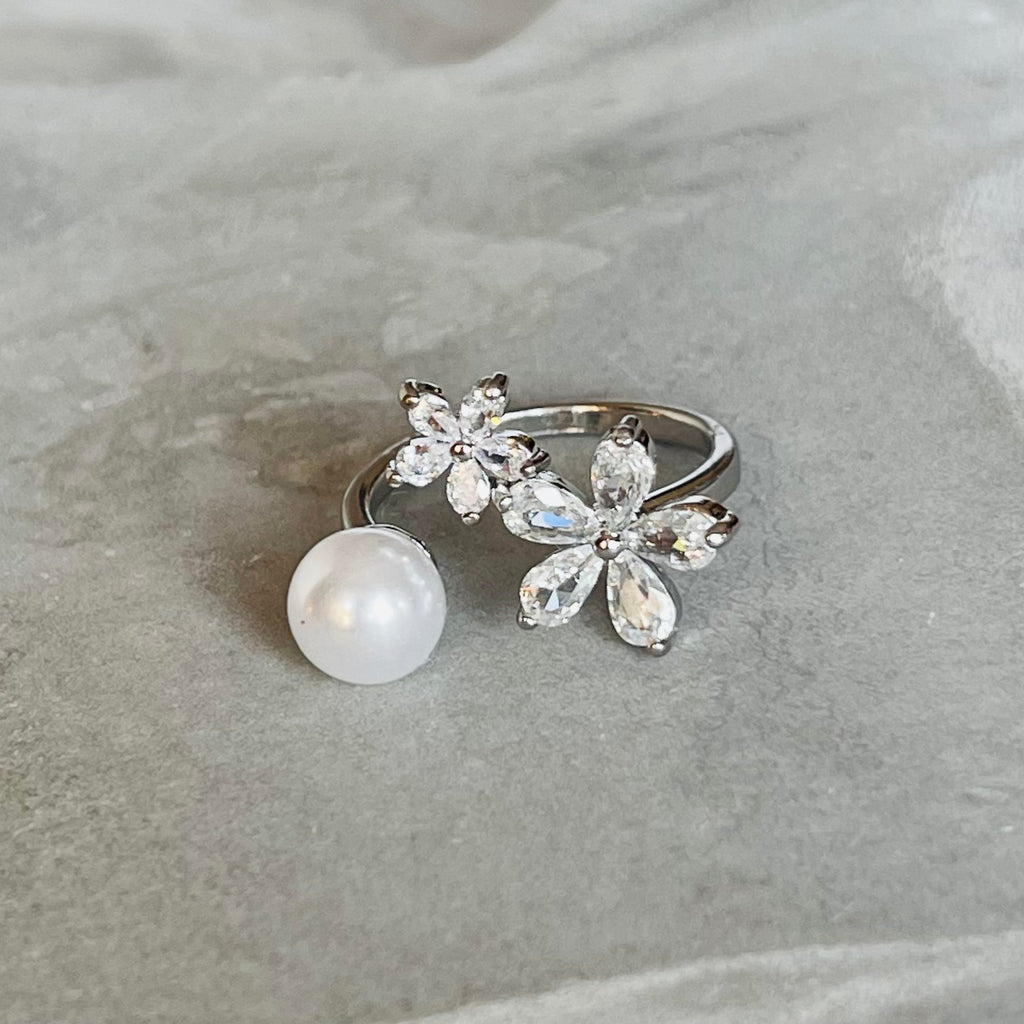 Sparkling Gemstone Flower Adjustable Stackable Ring, Elegant