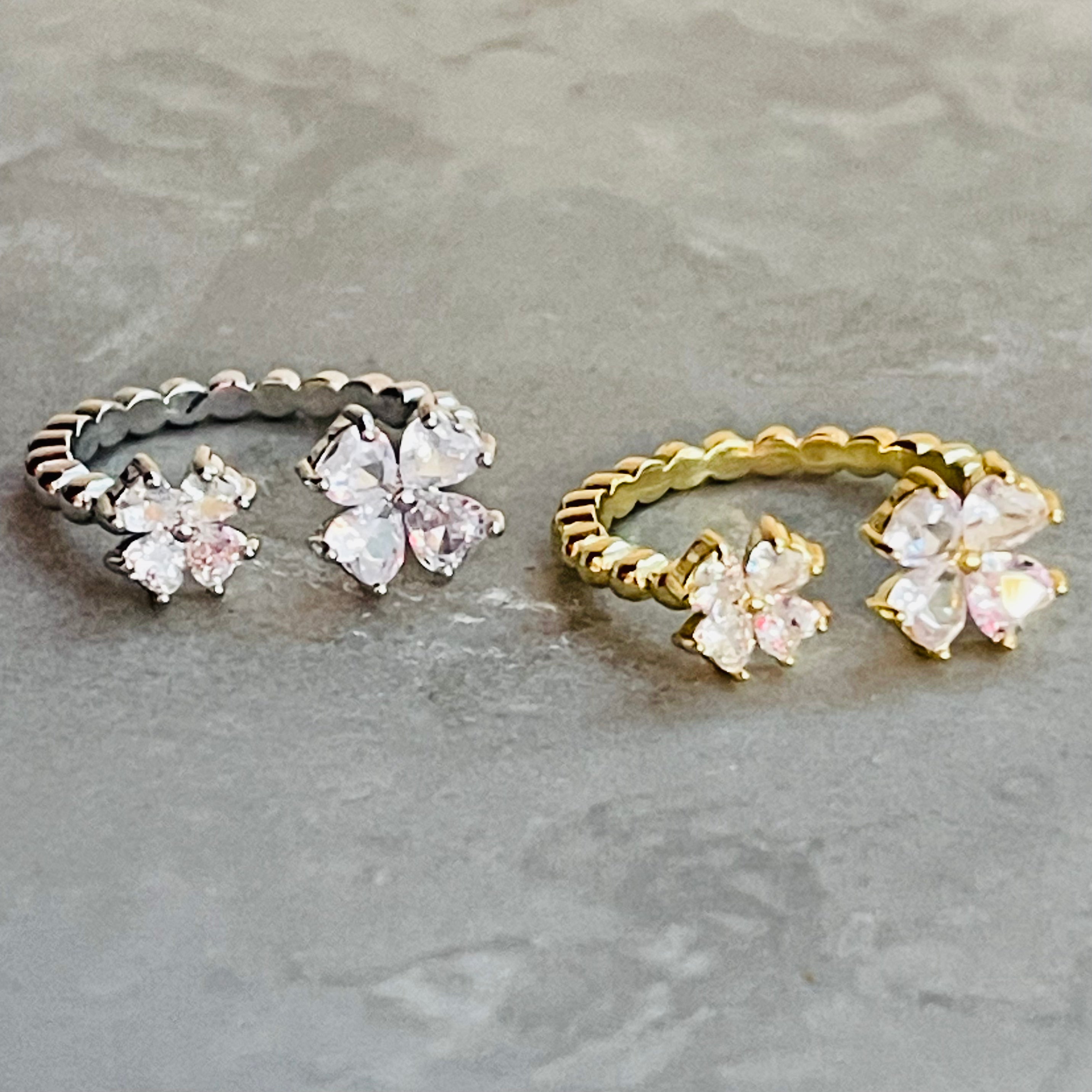 Petite Flower Sparkling Gemstone Adjustable Ring, Cute