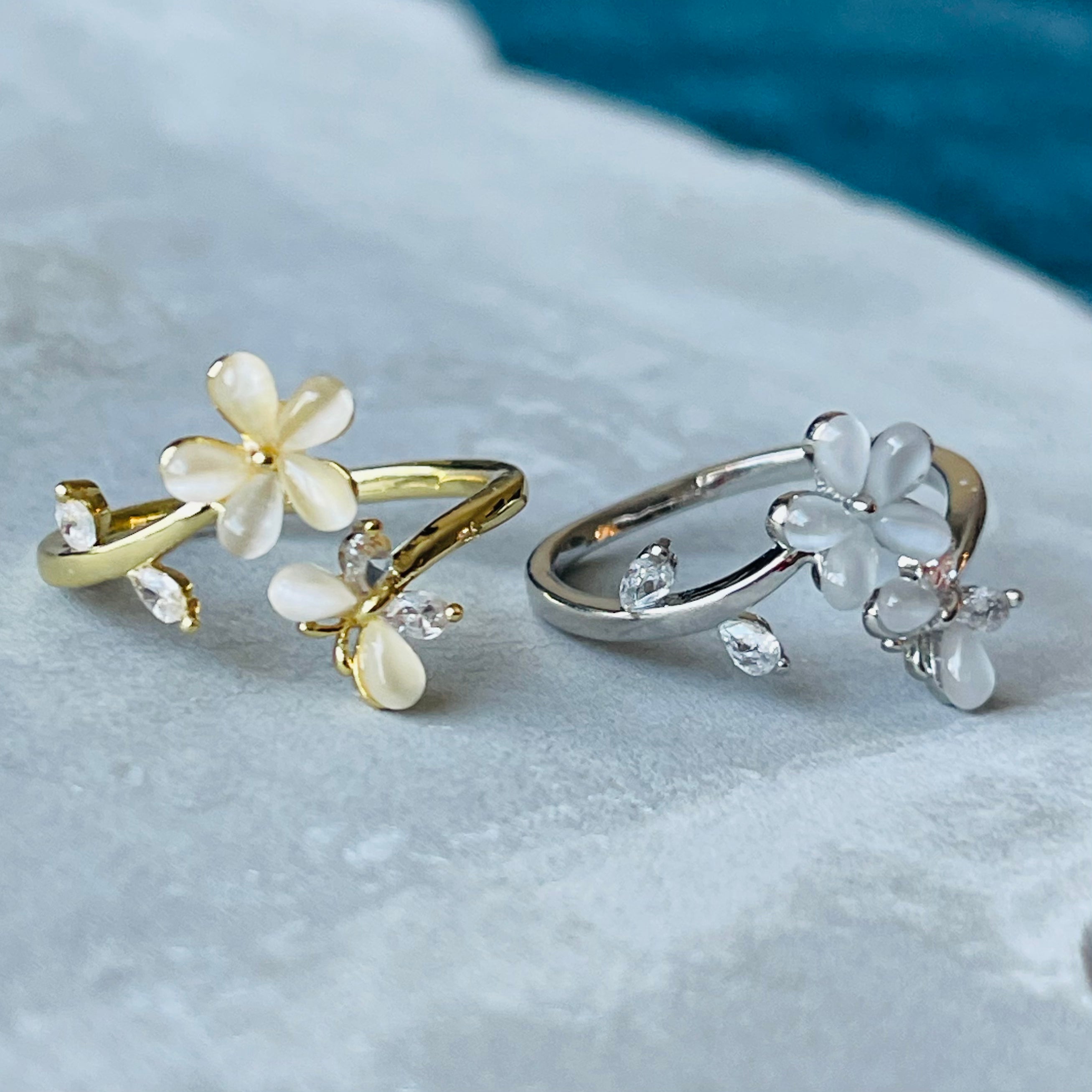 Flower and Butterfly Sparkling Gemstone Adjustable Ring Gift