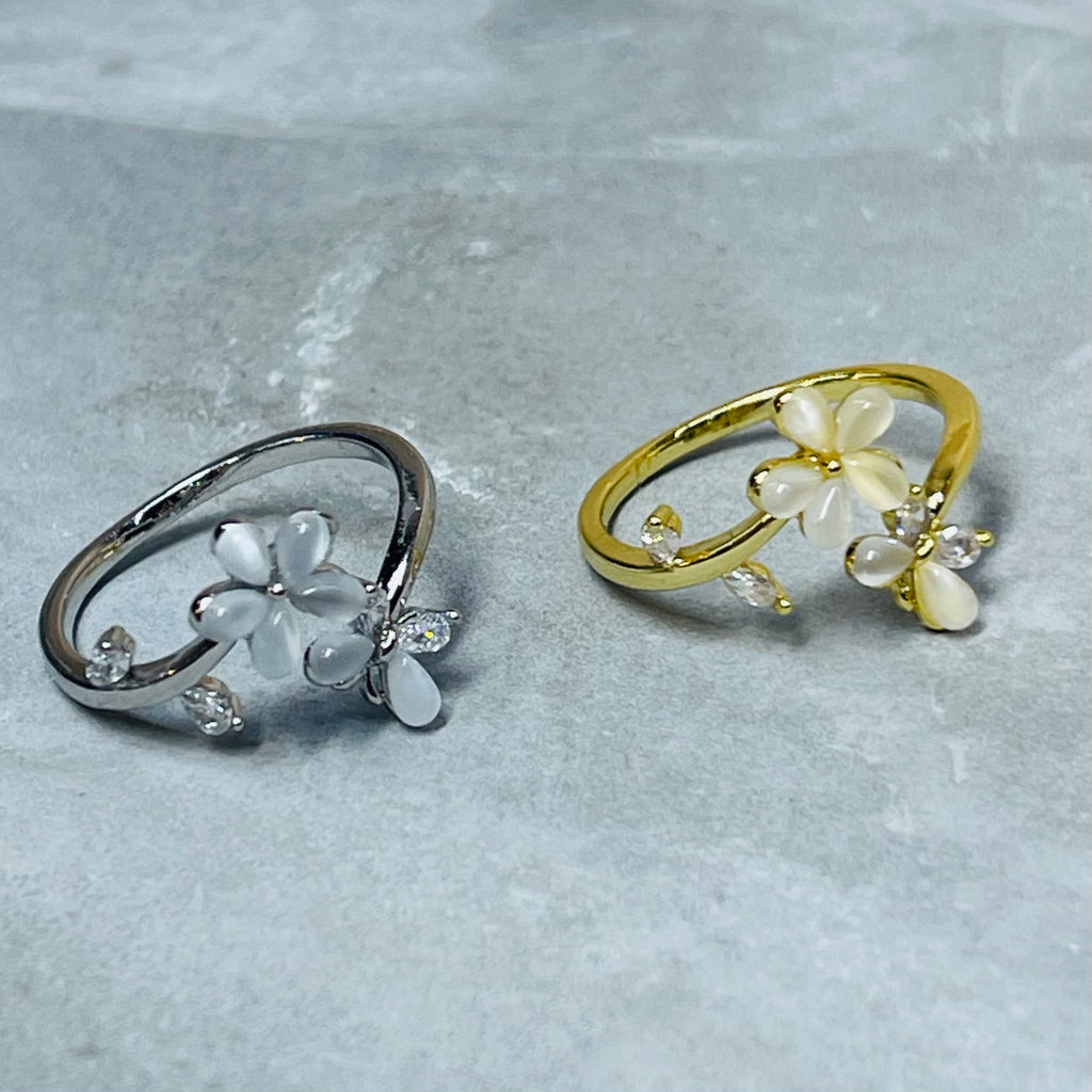 Flower and Butterfly Sparkling Gemstone Adjustable Ring Gift