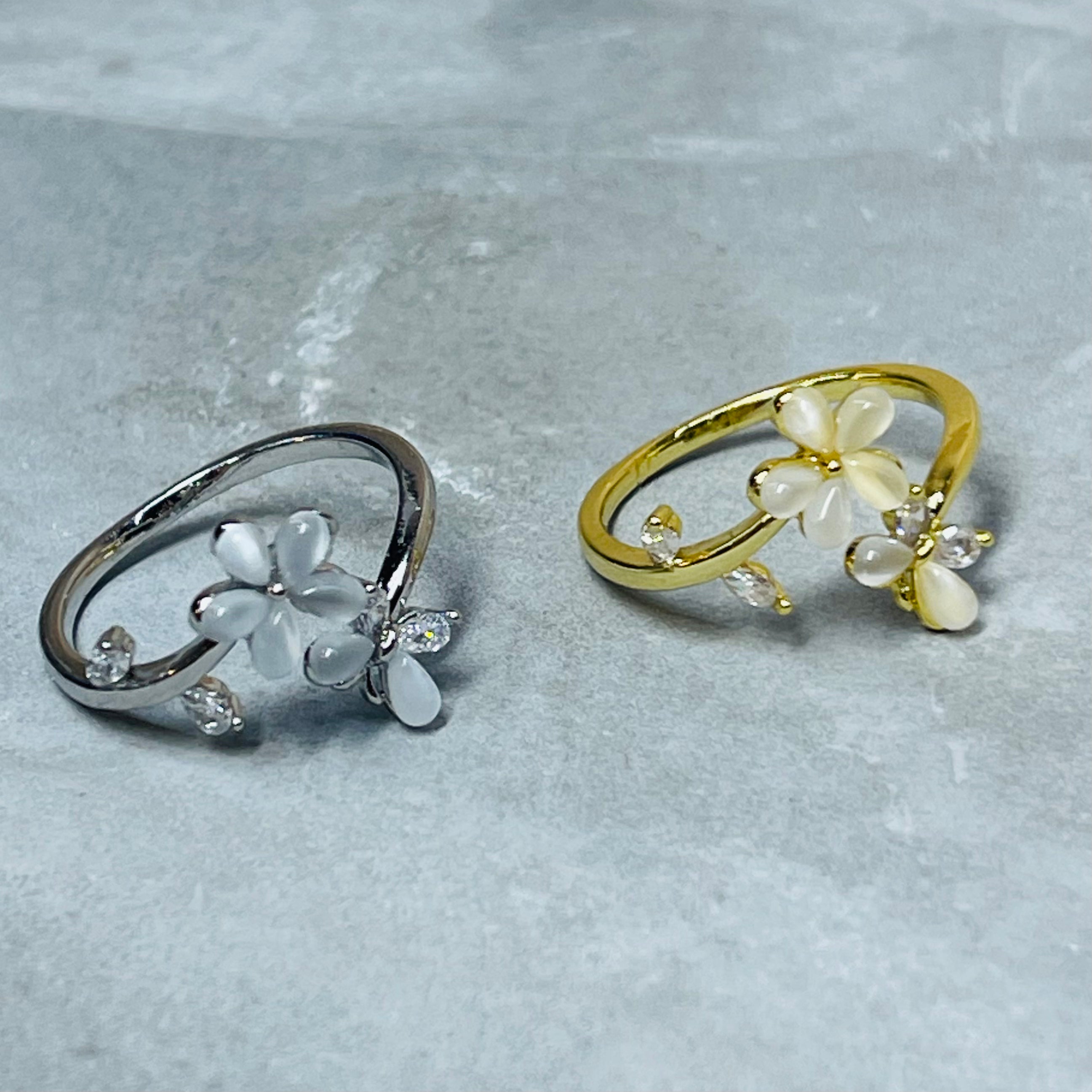 Flower and Butterfly Sparkling Gemstone Adjustable Ring Gift