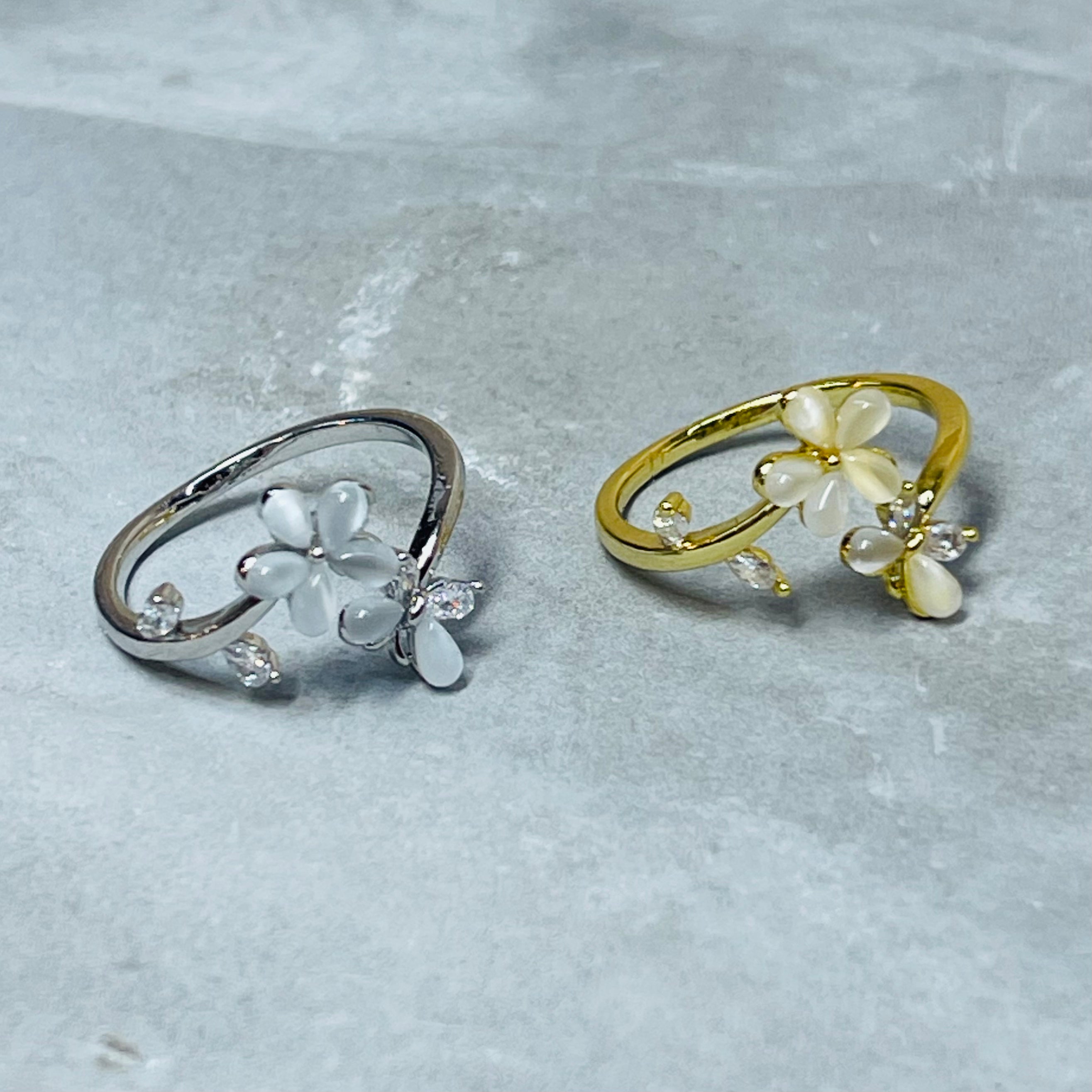 Flower and Butterfly Sparkling Gemstone Adjustable Ring Gift