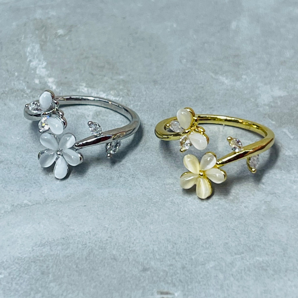 Flower and Butterfly Sparkling Gemstone Adjustable Ring Gift