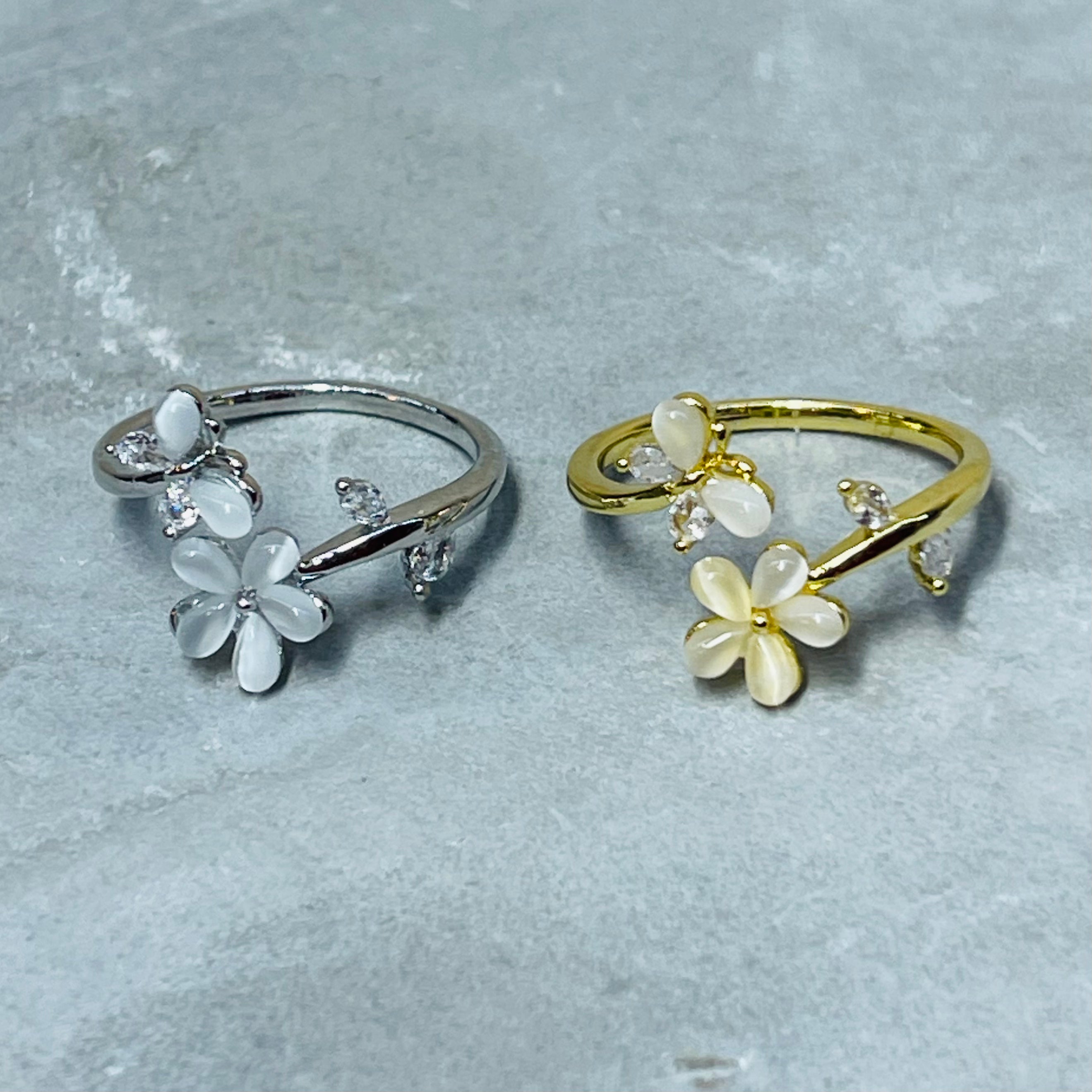 Flower and Butterfly Sparkling Gemstone Adjustable Ring Gift