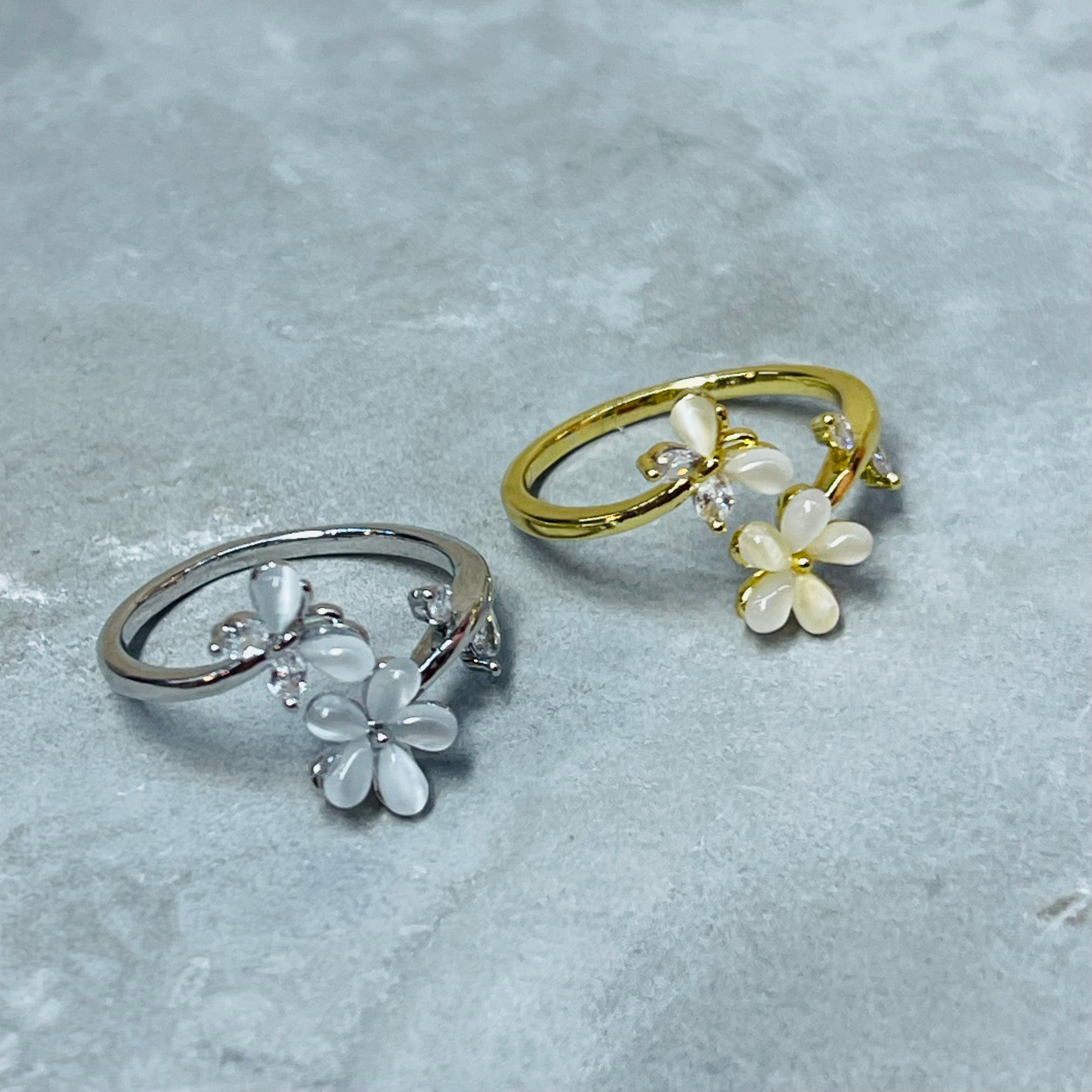 Flower and Butterfly Sparkling Gemstone Adjustable Ring Gift
