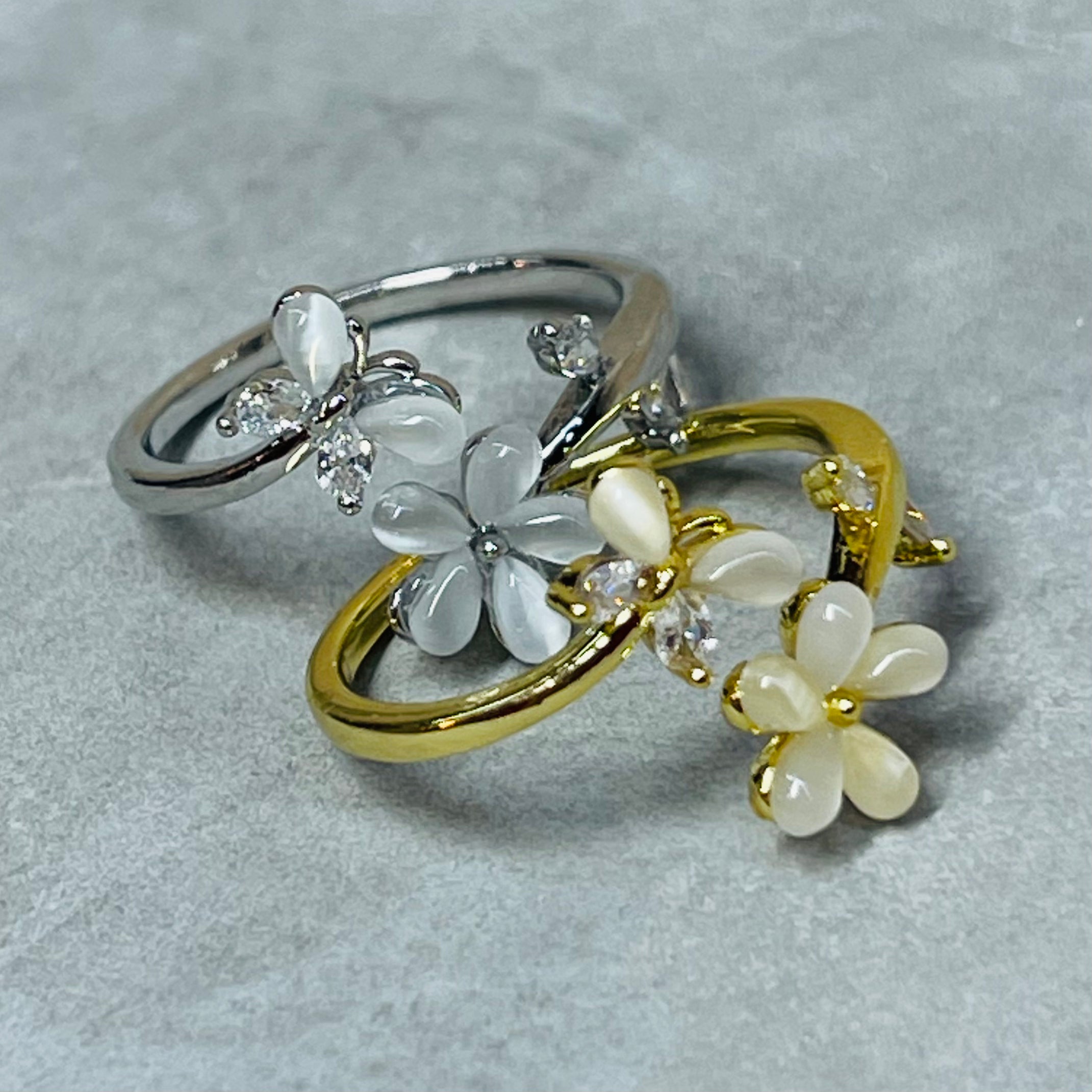 Flower and Butterfly Sparkling Gemstone Adjustable Ring Gift