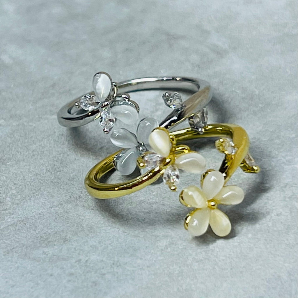 Flower and Butterfly Sparkling Gemstone Adjustable Ring Gift