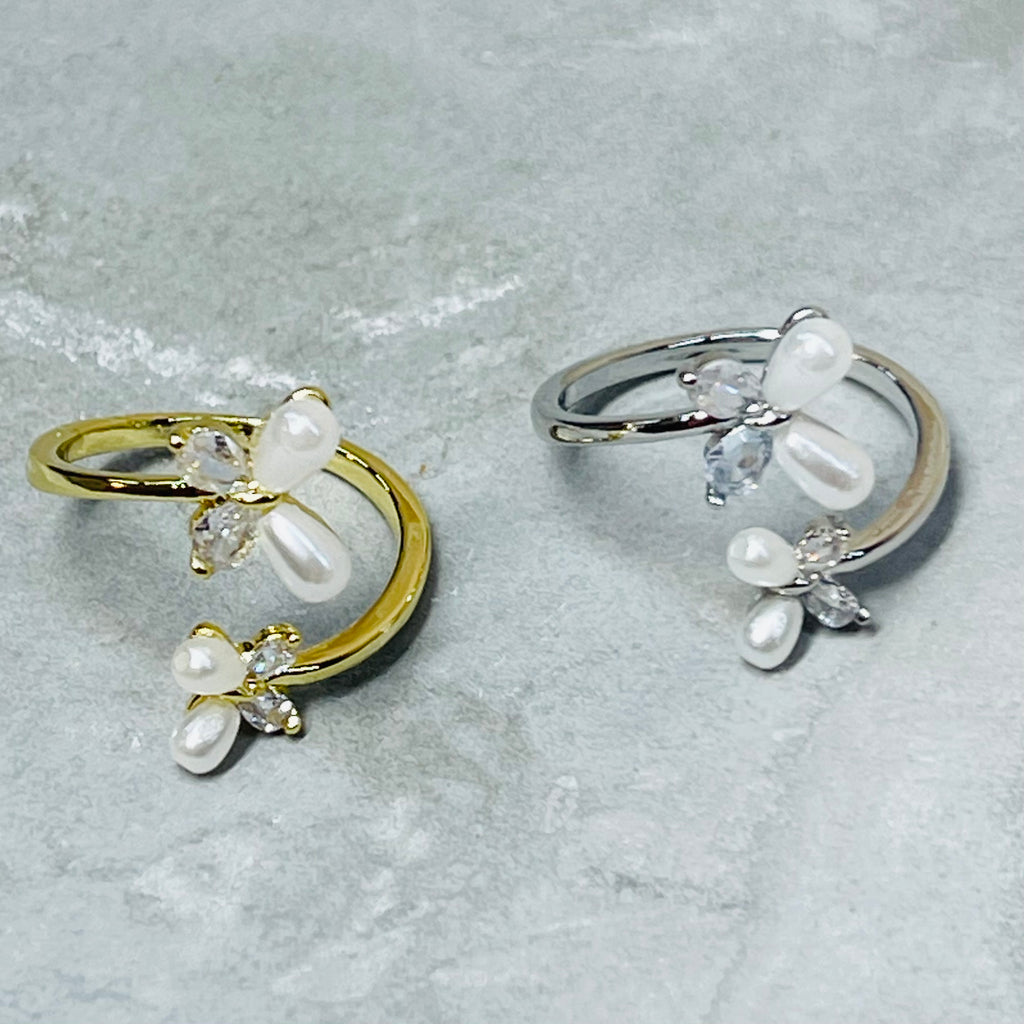 Flower and Butterfly Sparkling Gemstone Adjustable Ring Gift