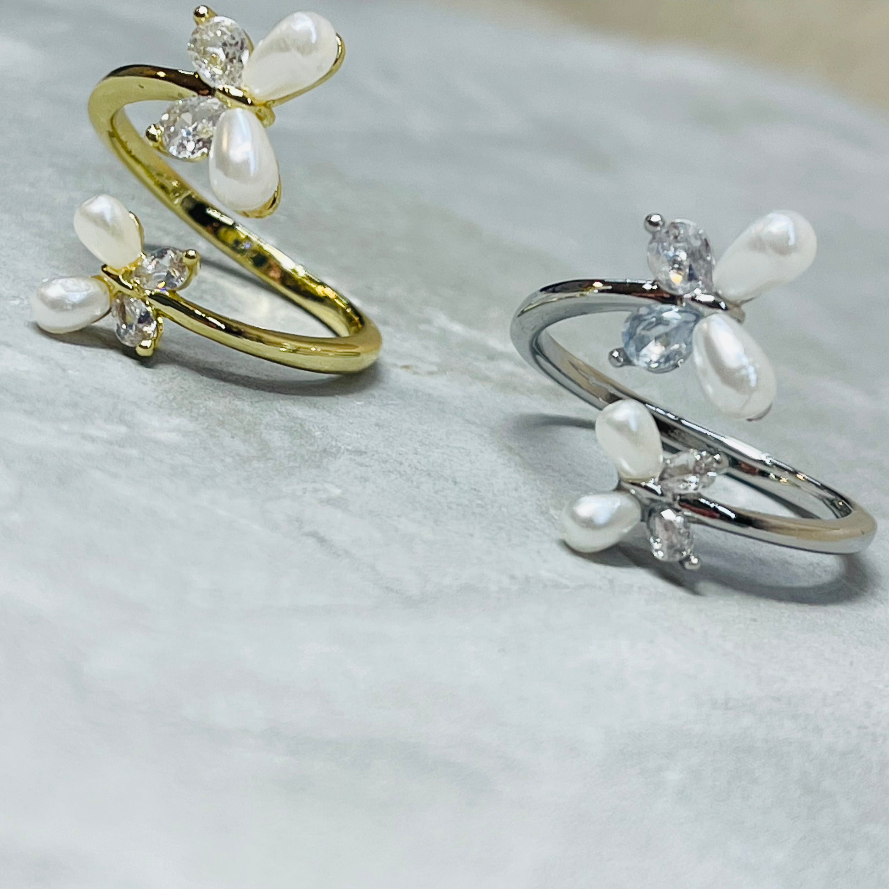 Flower and Butterfly Sparkling Gemstone Adjustable Ring Gift