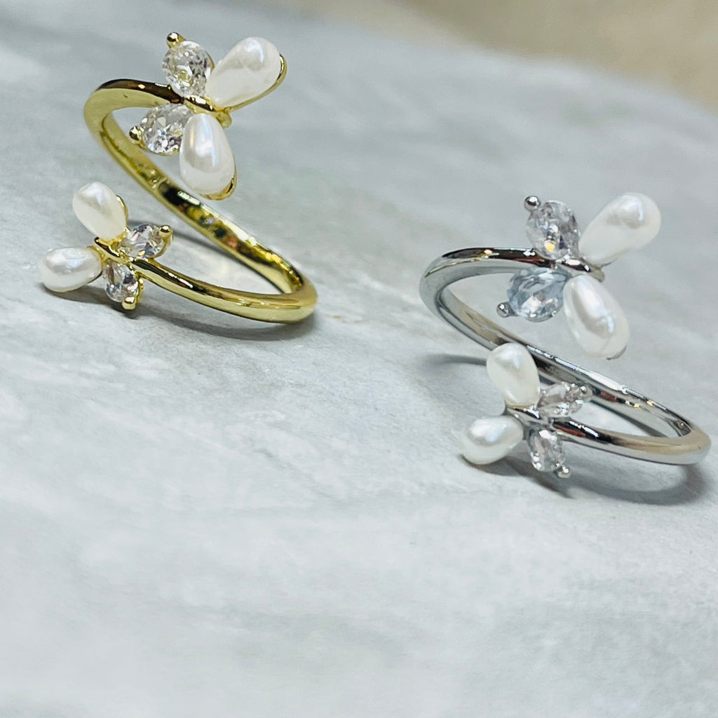 Flower and Butterfly Sparkling Gemstone Adjustable Ring Gift