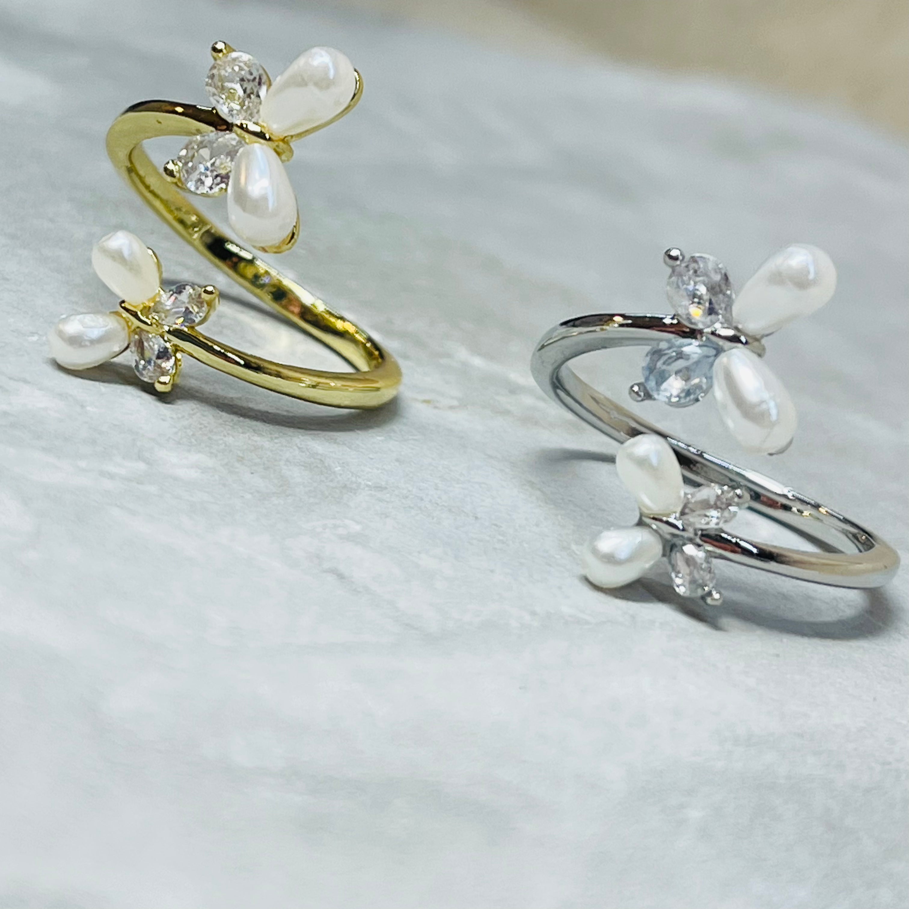 Flower and Butterfly Sparkling Gemstone Adjustable Ring Gift