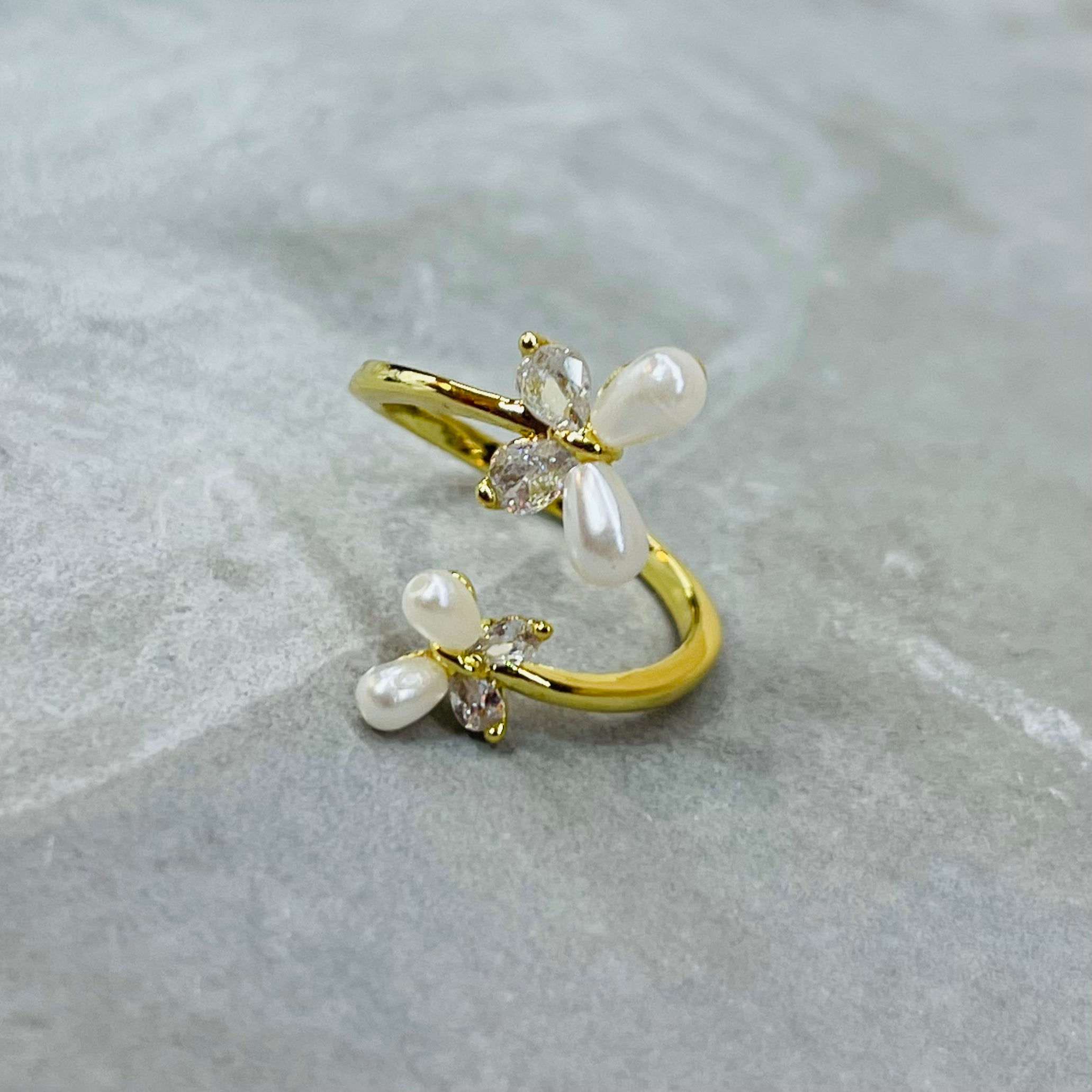 Double Butterfly Adjustable Ring with Stones, Elegant Design