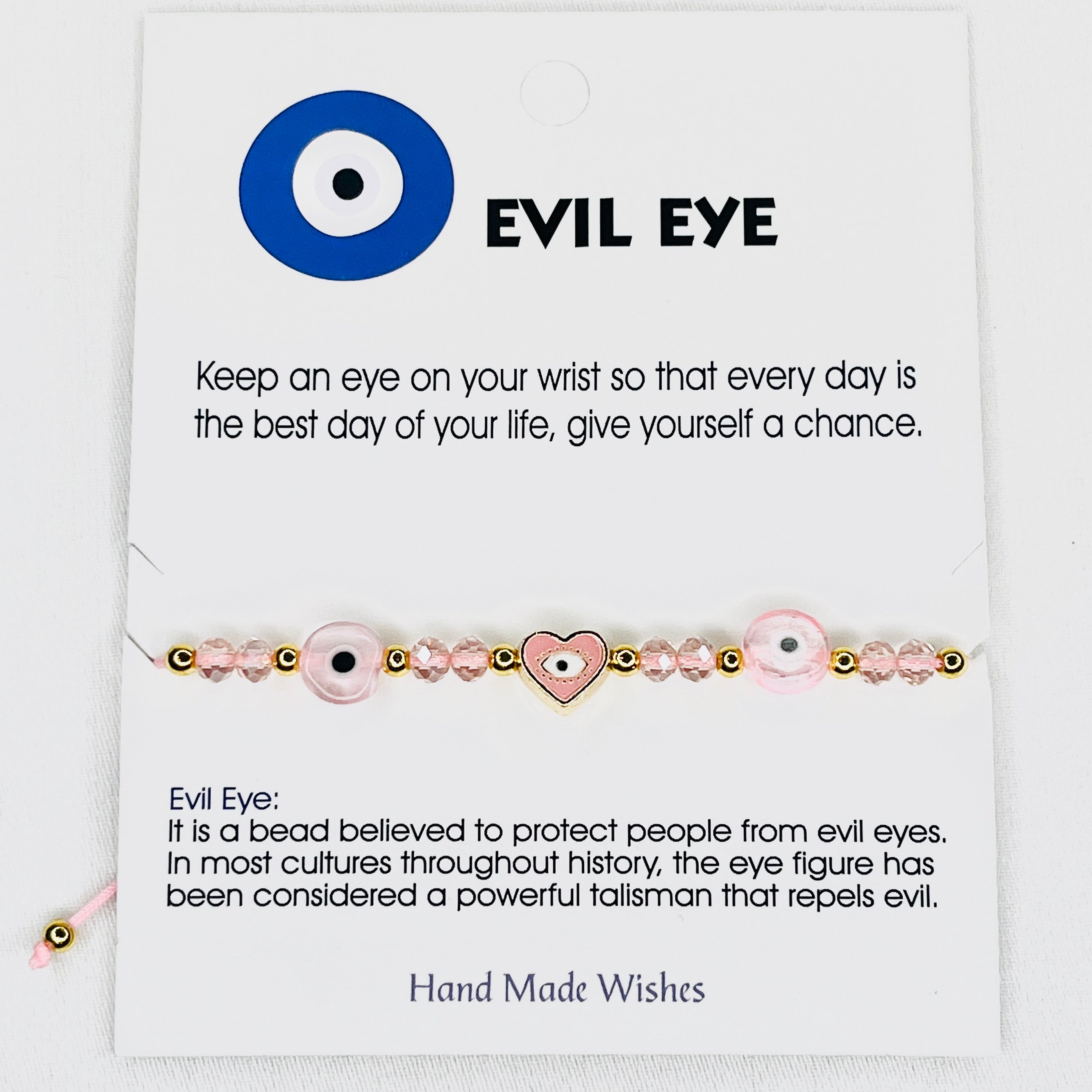 Pink Heart Evil Eye Card Bracelet: Love & Positivity, Cute