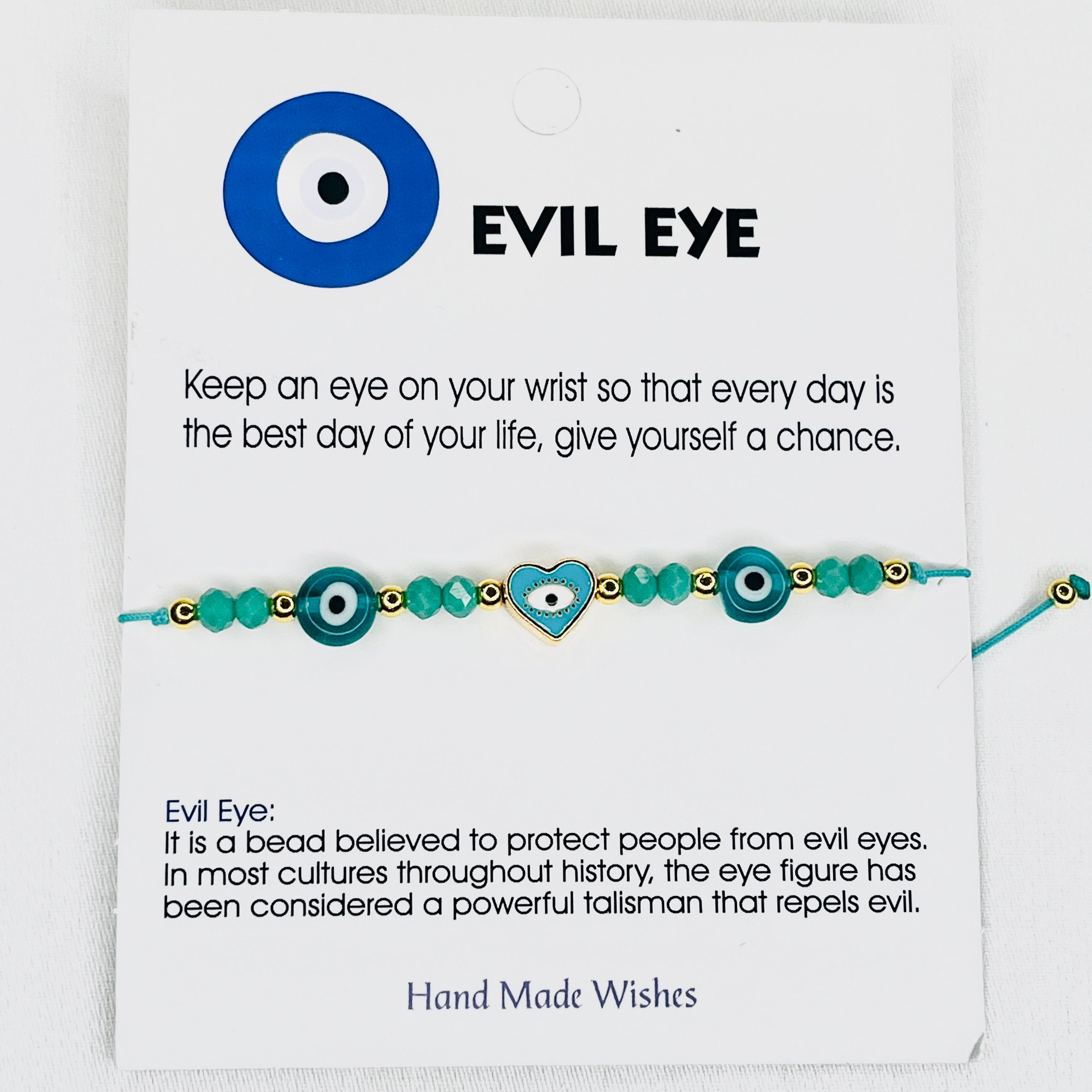 Green Heart Evil Eye Card Bracelet: Harmony & Protection