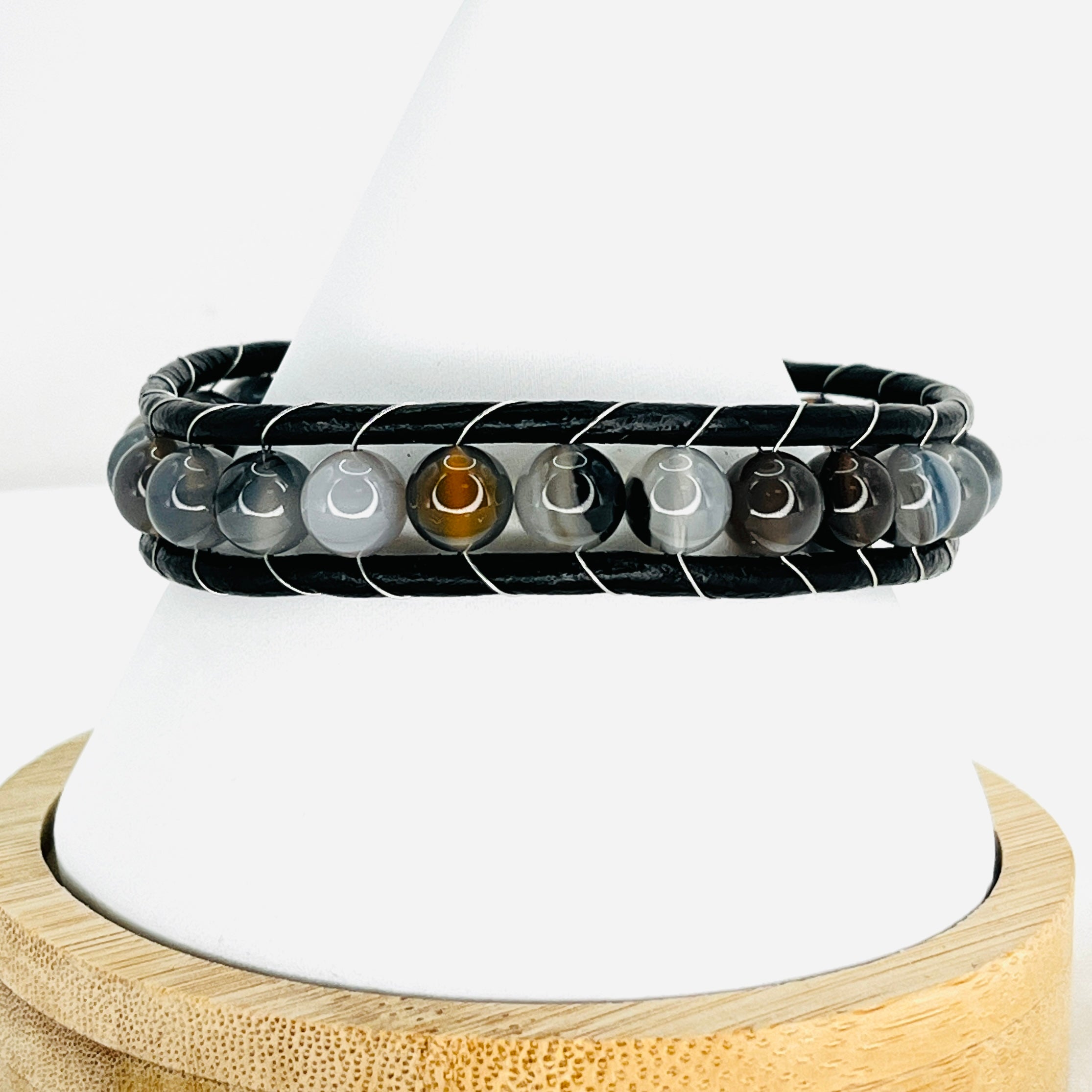 Gray Natural Stone Leather Bracelet for Men Bold and Stylish