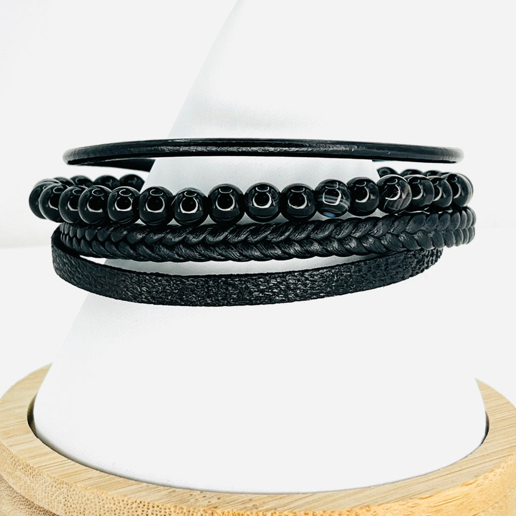Black Small Stone Leather Bracelet for Men: Sleek Stylish