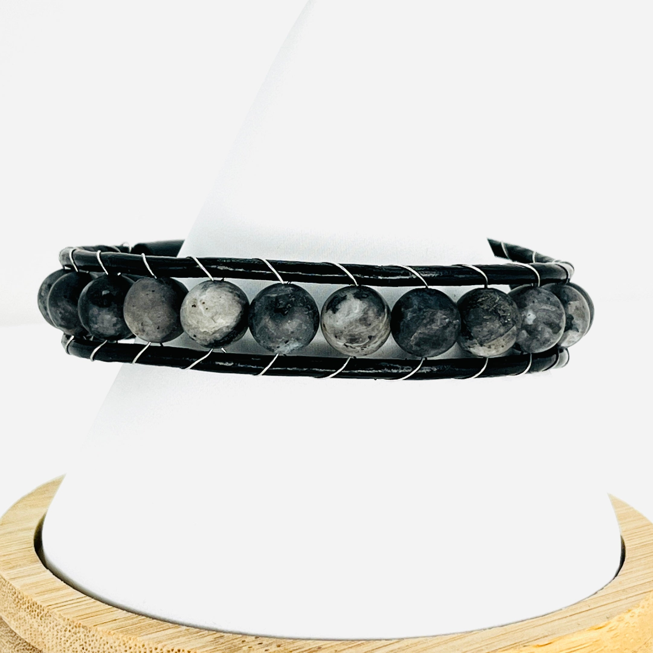 Gray and Black Natural Stone Leather Bracelet for Men: Bold 