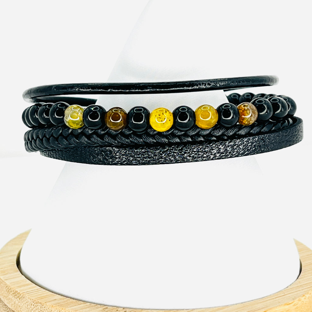 Yellow and Black Small Stone Leather Bracelet for Men, Gift