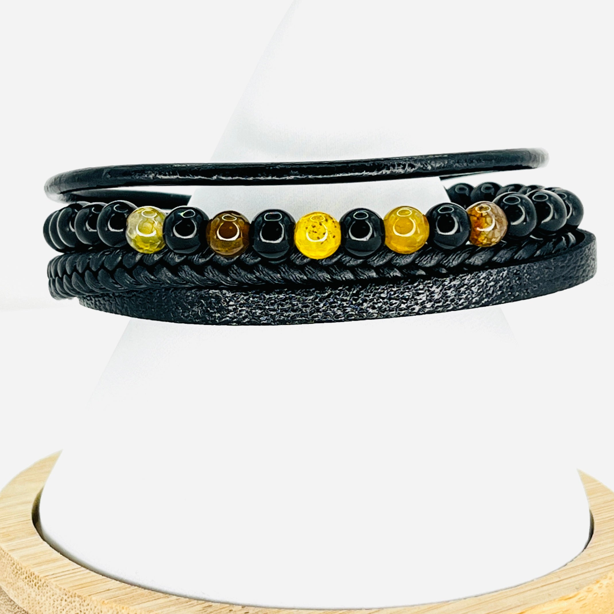 Yellow and Black Small Stone Leather Bracelet for Men, Gift