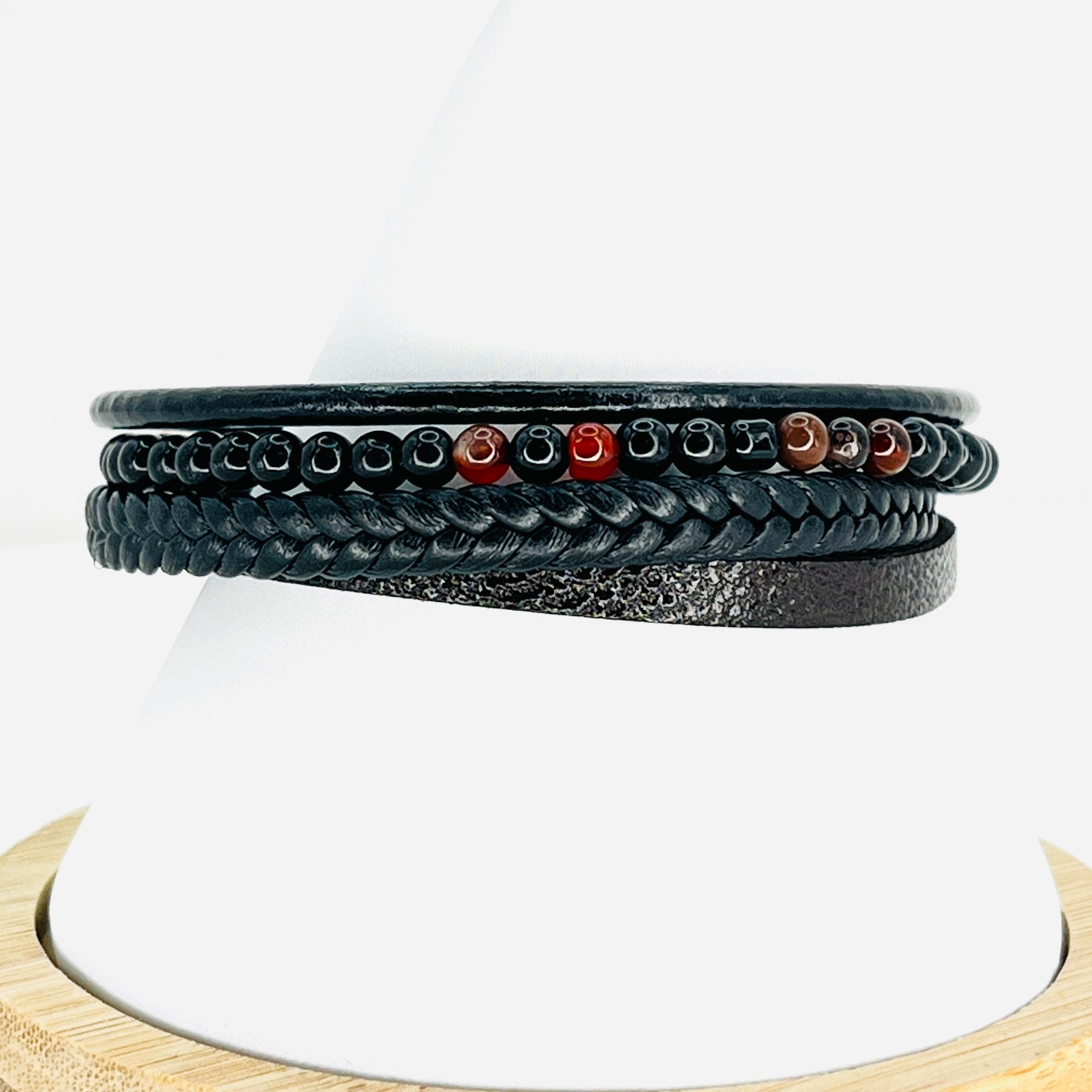 Red and Black Small Stone Leather Bracelet for Men: Bold