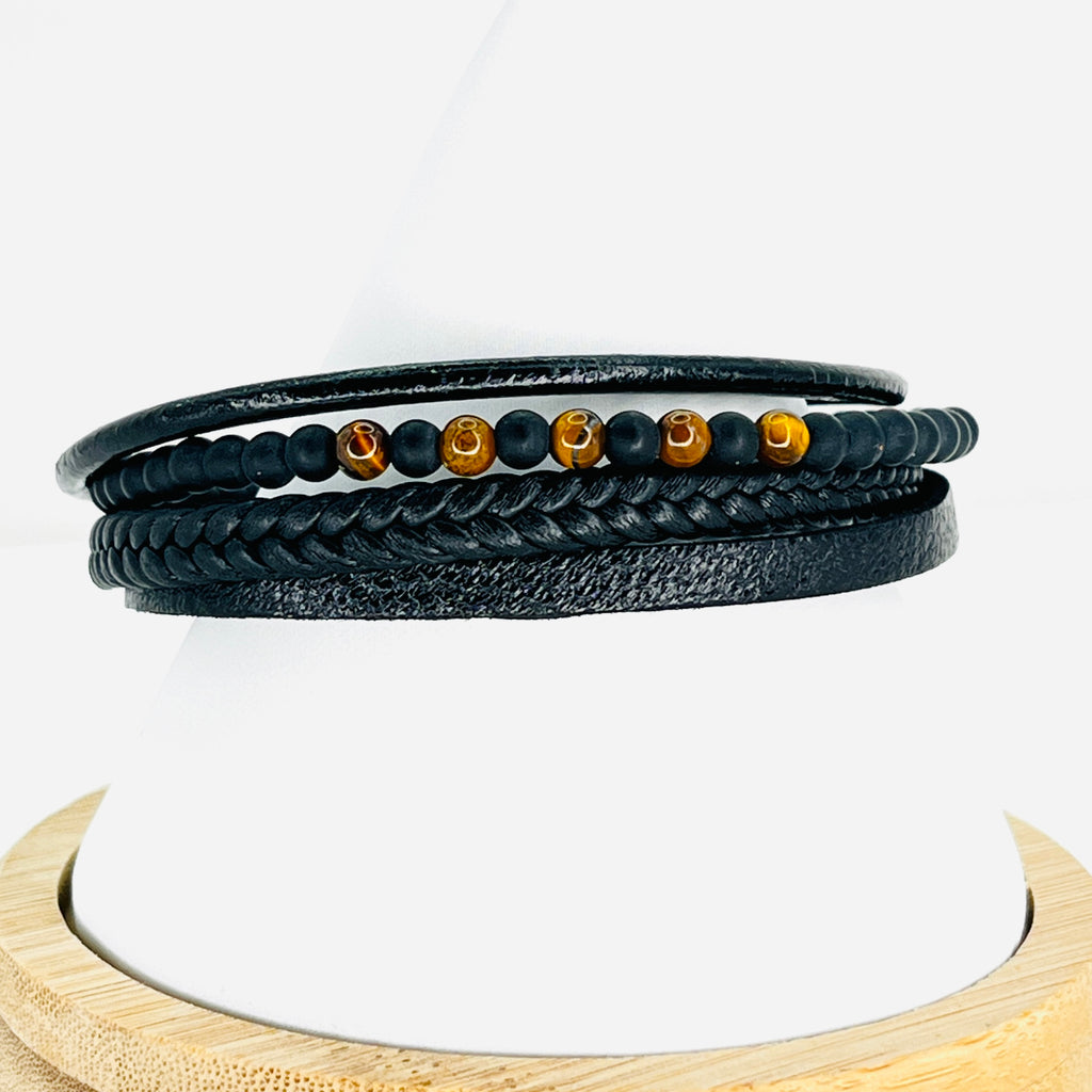 Tiger Eye and Black Small Stone Leather Bracelet for Men