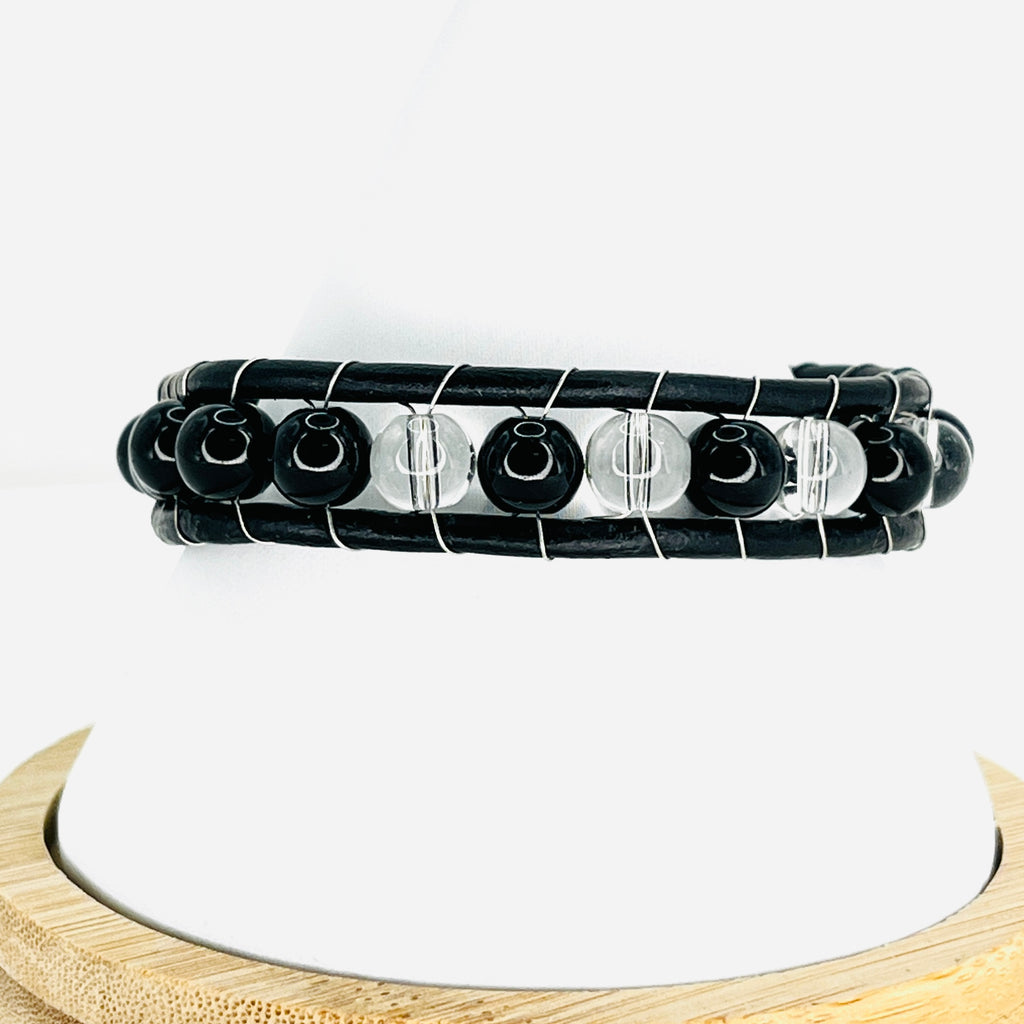Black and Clear Natural Stone Leather Bracelet for Men: Gift