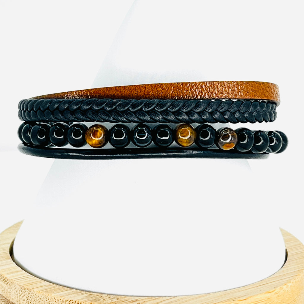 Brown Leather and Tiger Eye Small Stones Bracelet for Men