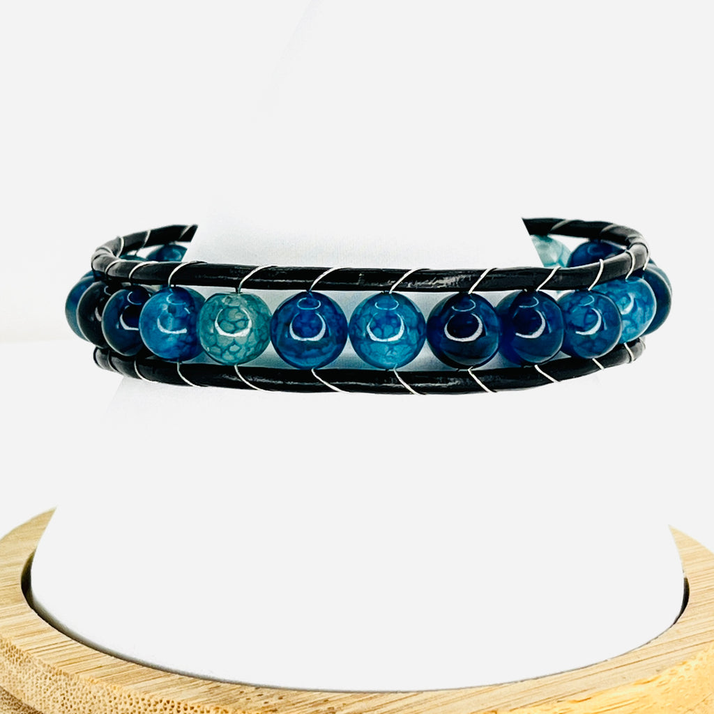 Blue and Green Natural Stone Leather Bracelet for Men: Bold 