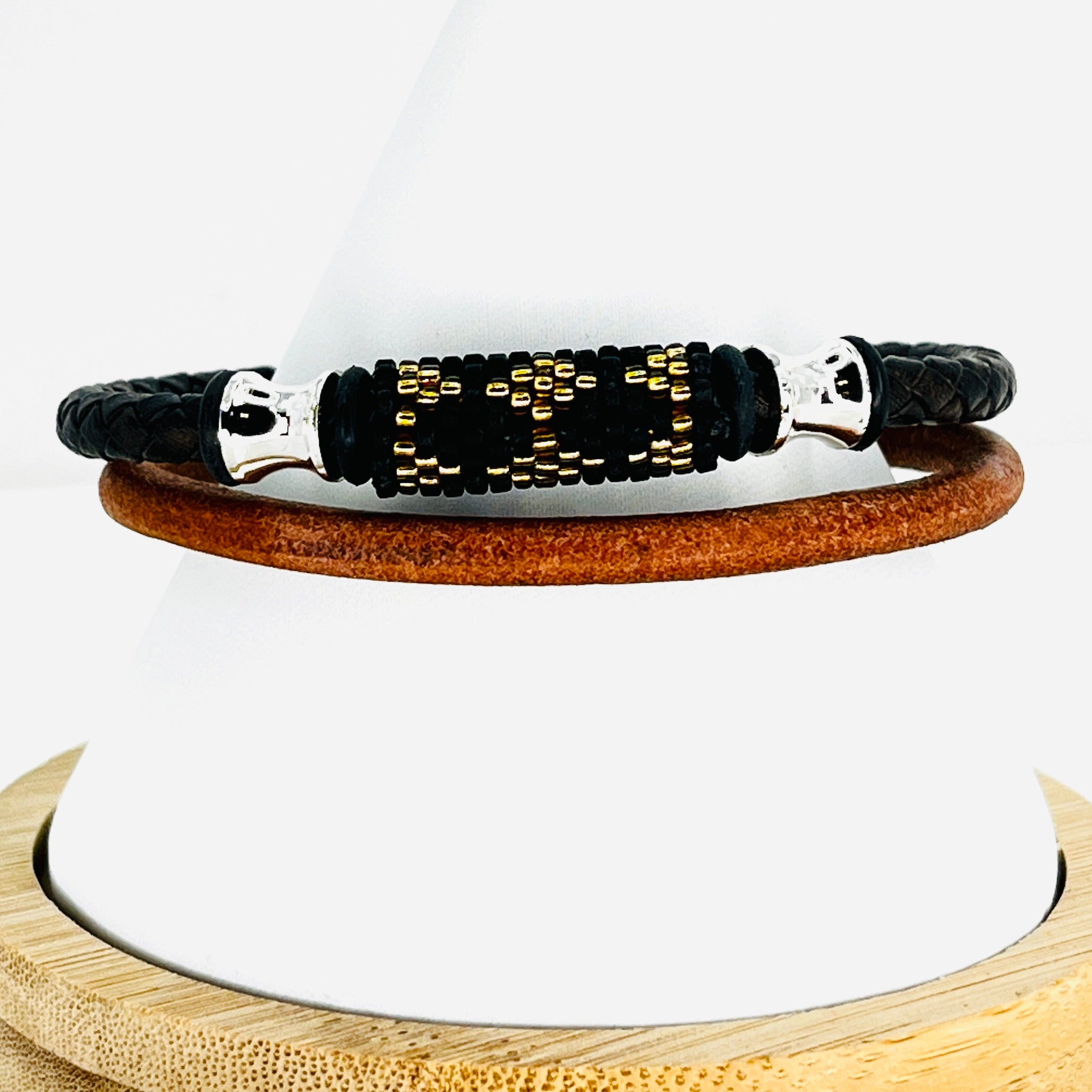 Miyuki Black and Brown Rope Leather Bracelet for Men: Bold 