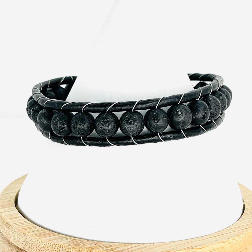 Black Patterned Stone Leather Bracelet for Men: Elegant