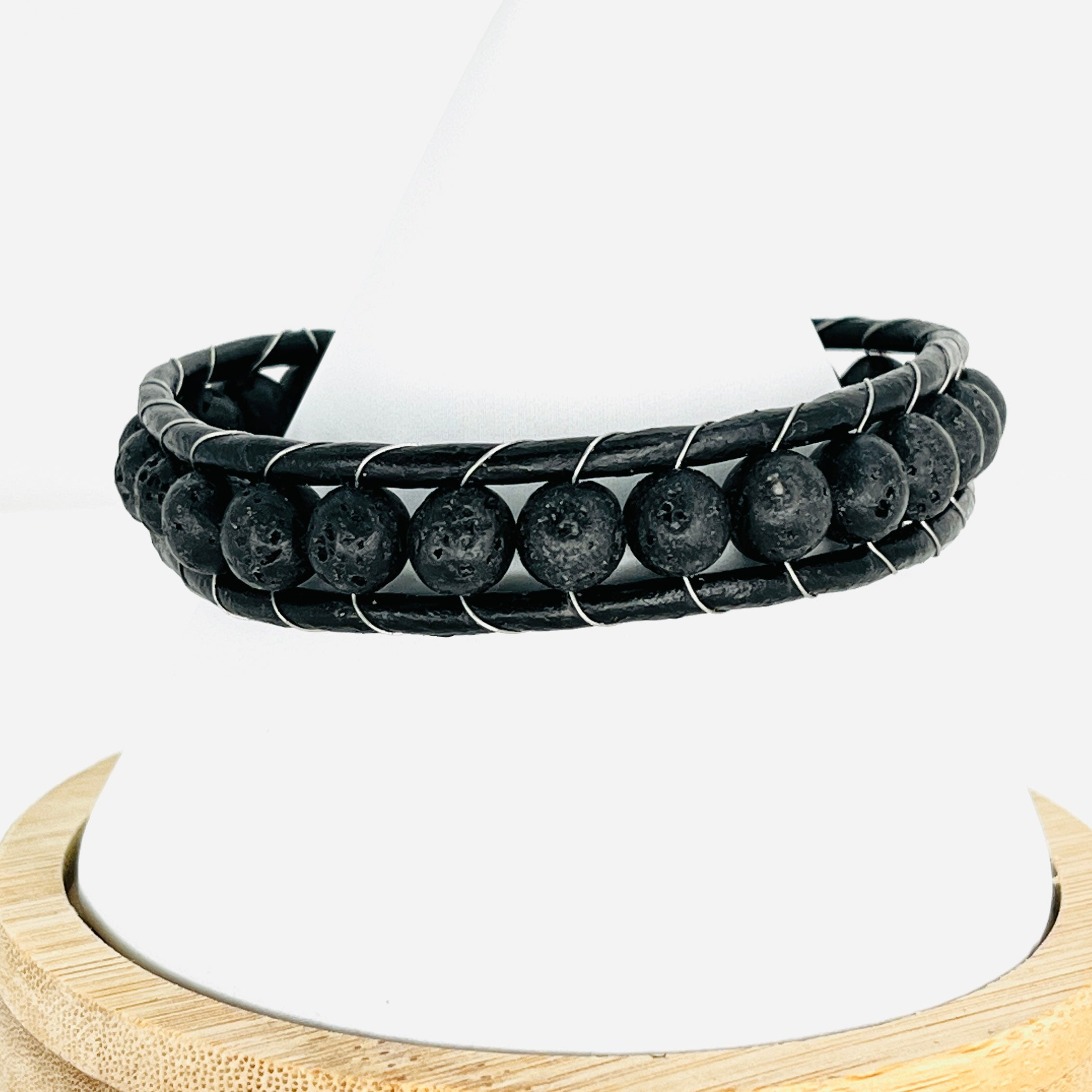 Black Patterned Stone Leather Bracelet for Men: Elegant