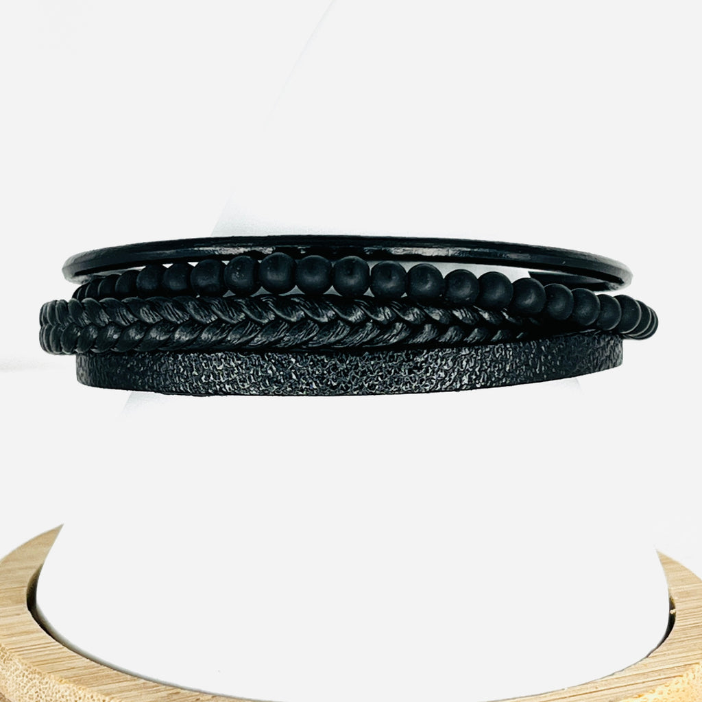 Small Black Stones and Braided Black Leather Bracelet 