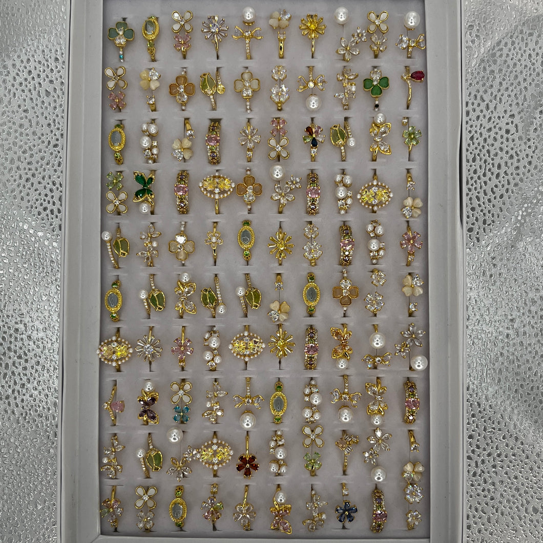 Gold 100pc Stainless Steel Rings | Floral & Gem Mix