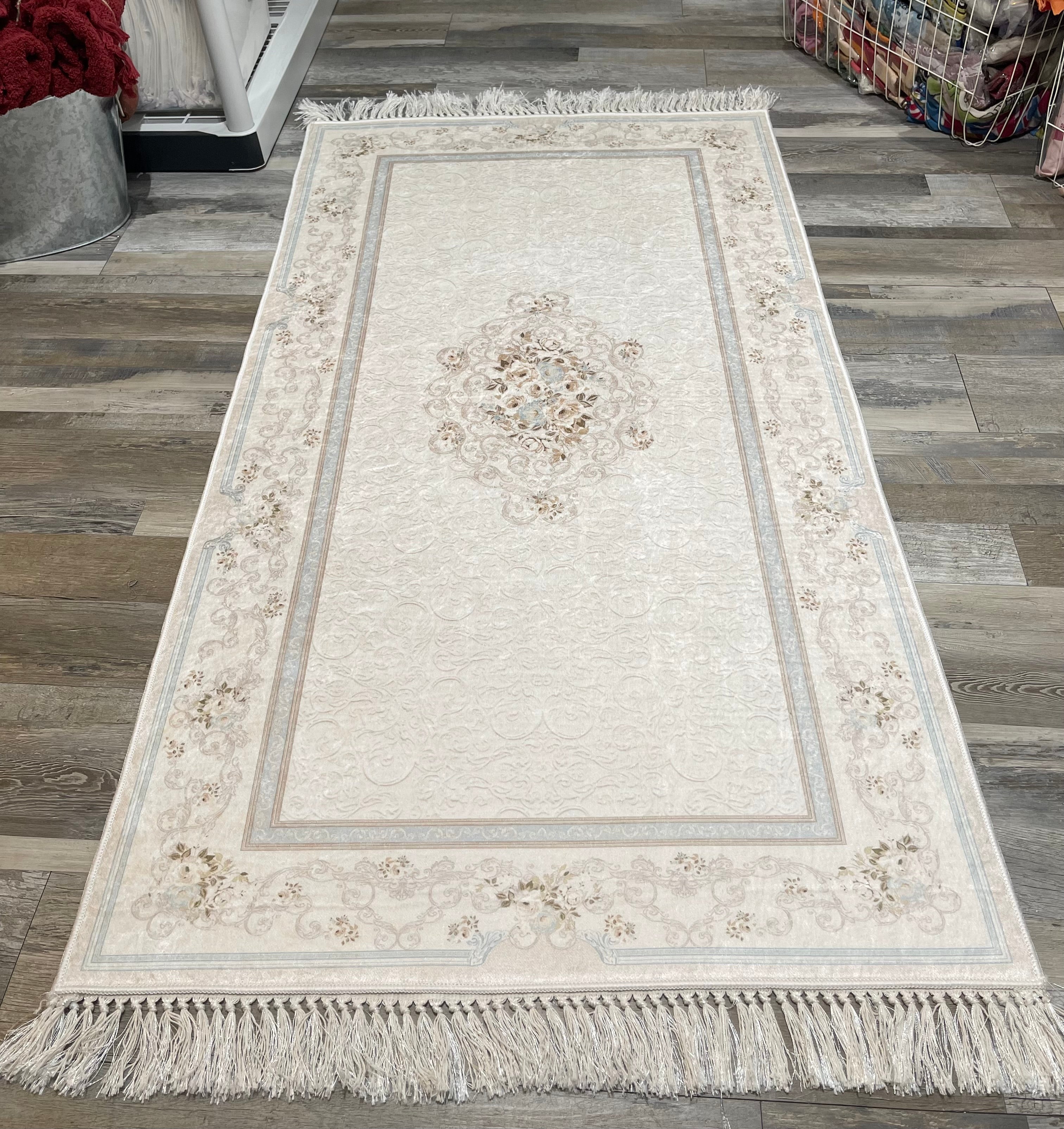 Blue Design Rectangle Lateks Water Resistant Washable Tassel Area Rug