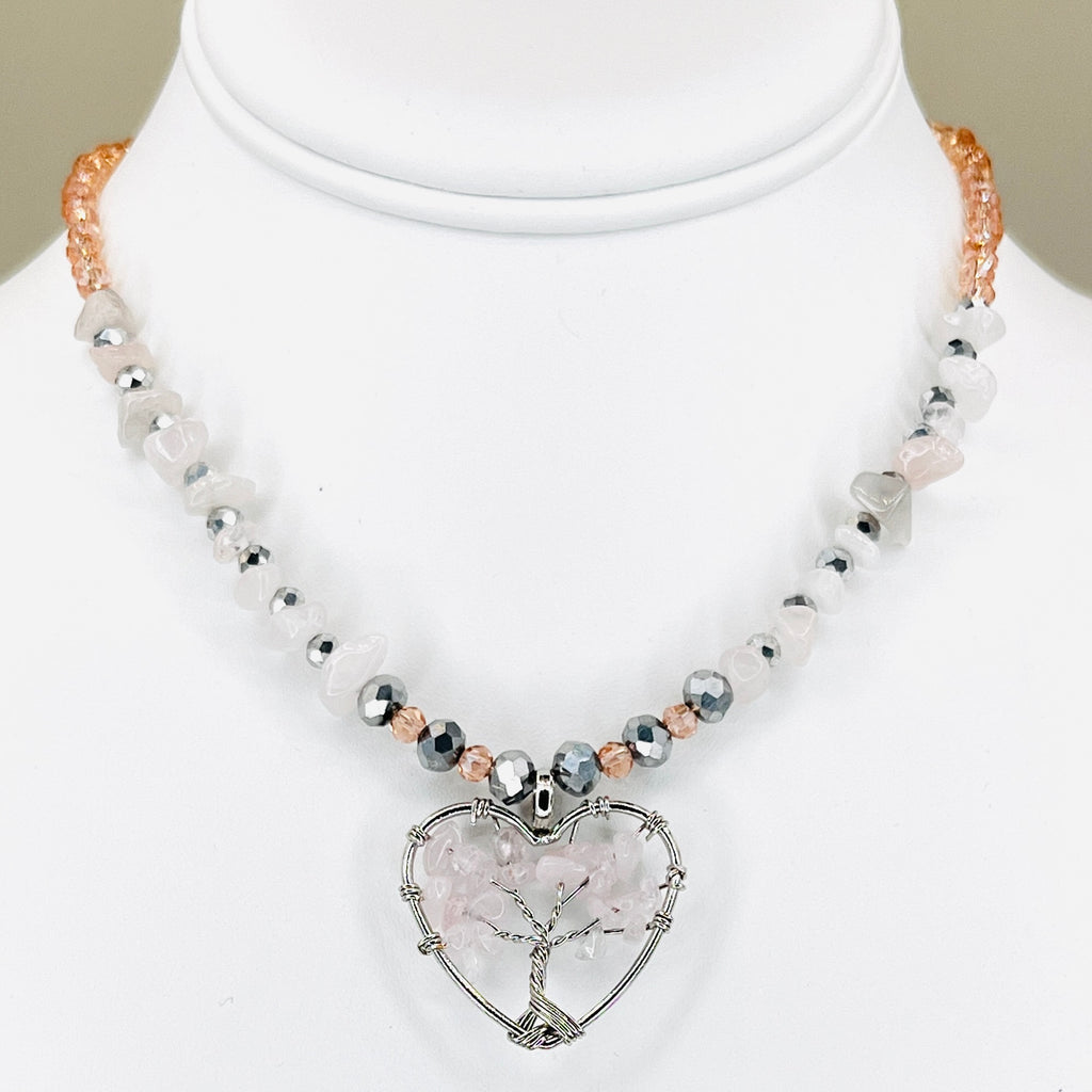 Rose Quartz Tree of Life Heart Necklace - Natural Stone