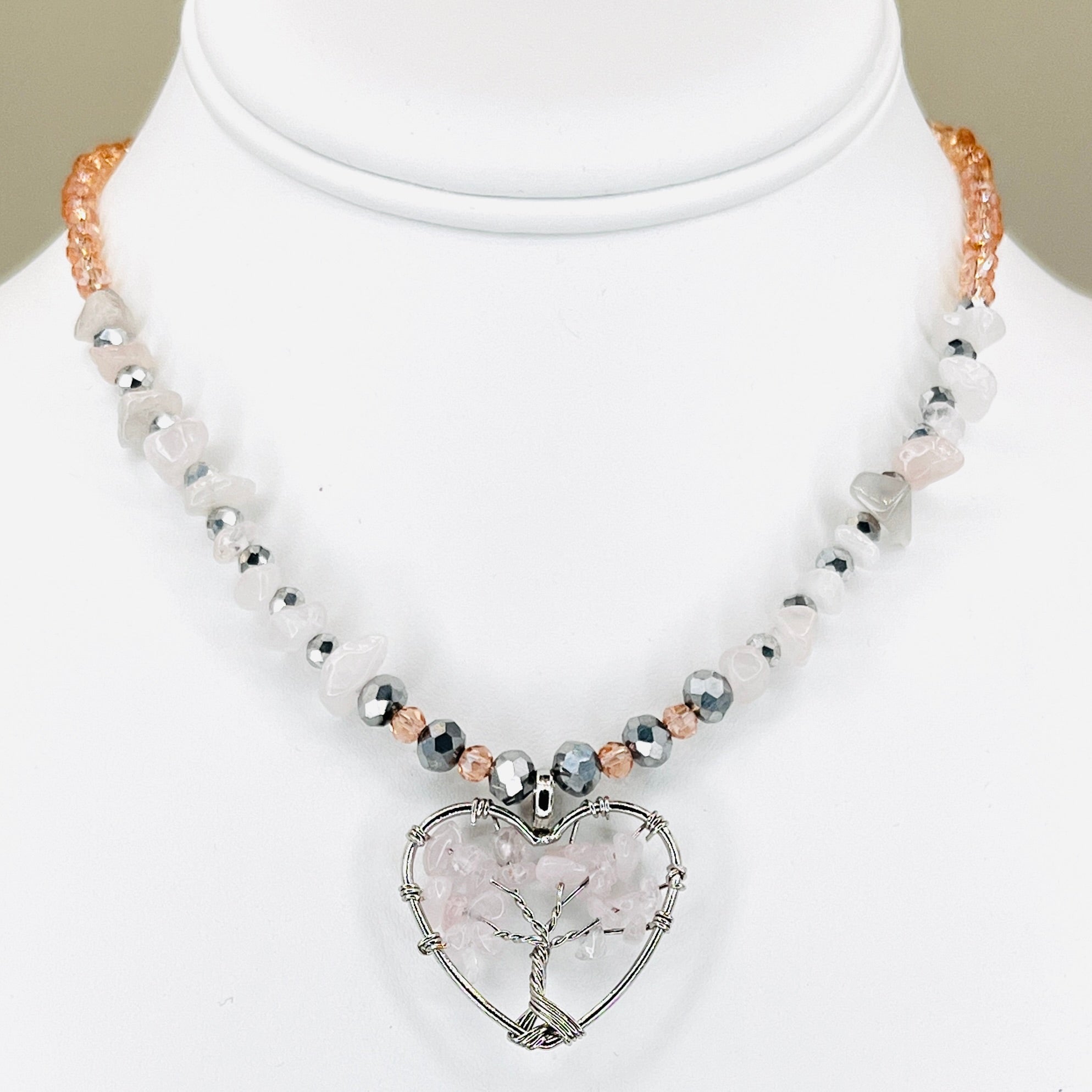 Rose Quartz Tree of Life Heart Necklace - Natural Stone