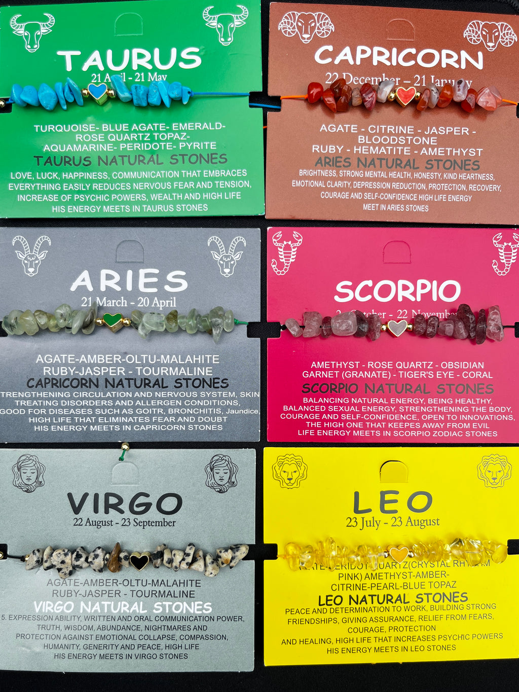 Card Bracelet  | 12 Piece Set | Zodiac Natural Stone Bracelet |Ready Card Display | 12 Signs