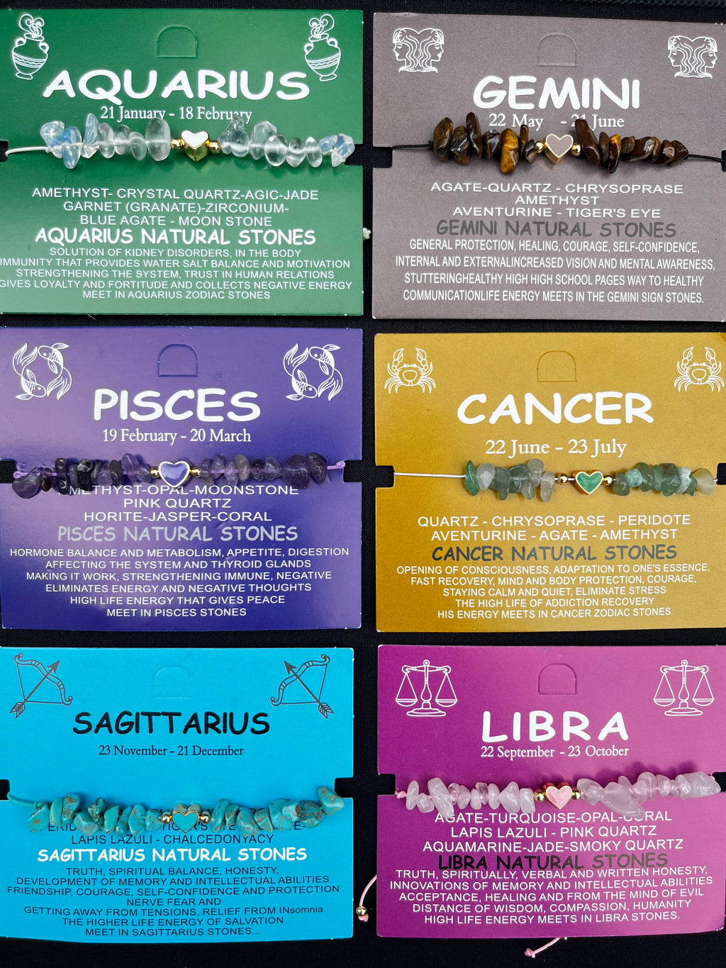 Card Bracelet  | 12 Piece Set | Zodiac Natural Stone Bracelet |Ready Card Display | 12 Signs