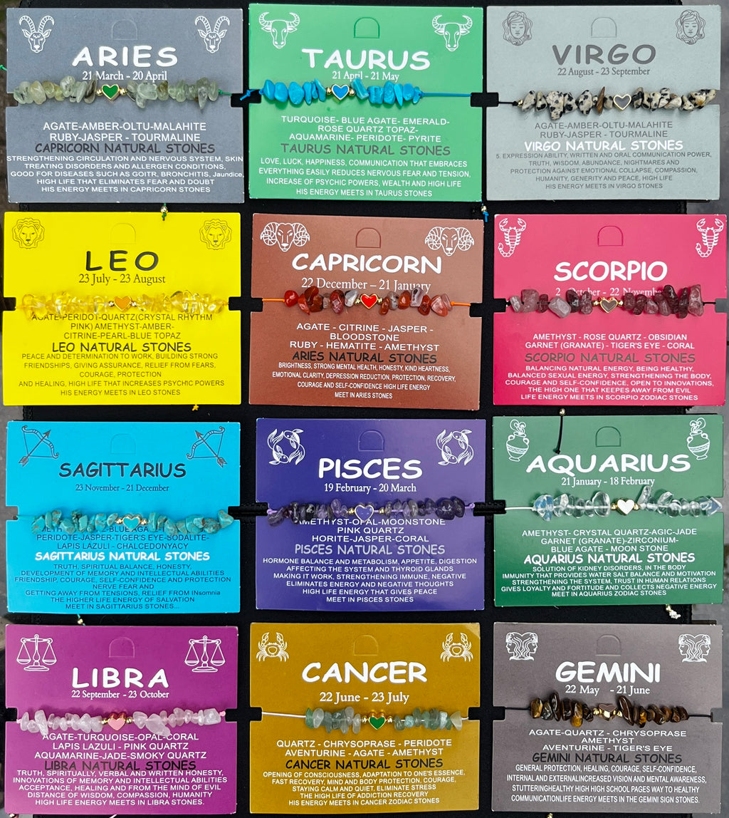 Card Bracelet  | 12 Piece Set | Zodiac Natural Stone Bracelet |Ready Card Display | 12 Signs