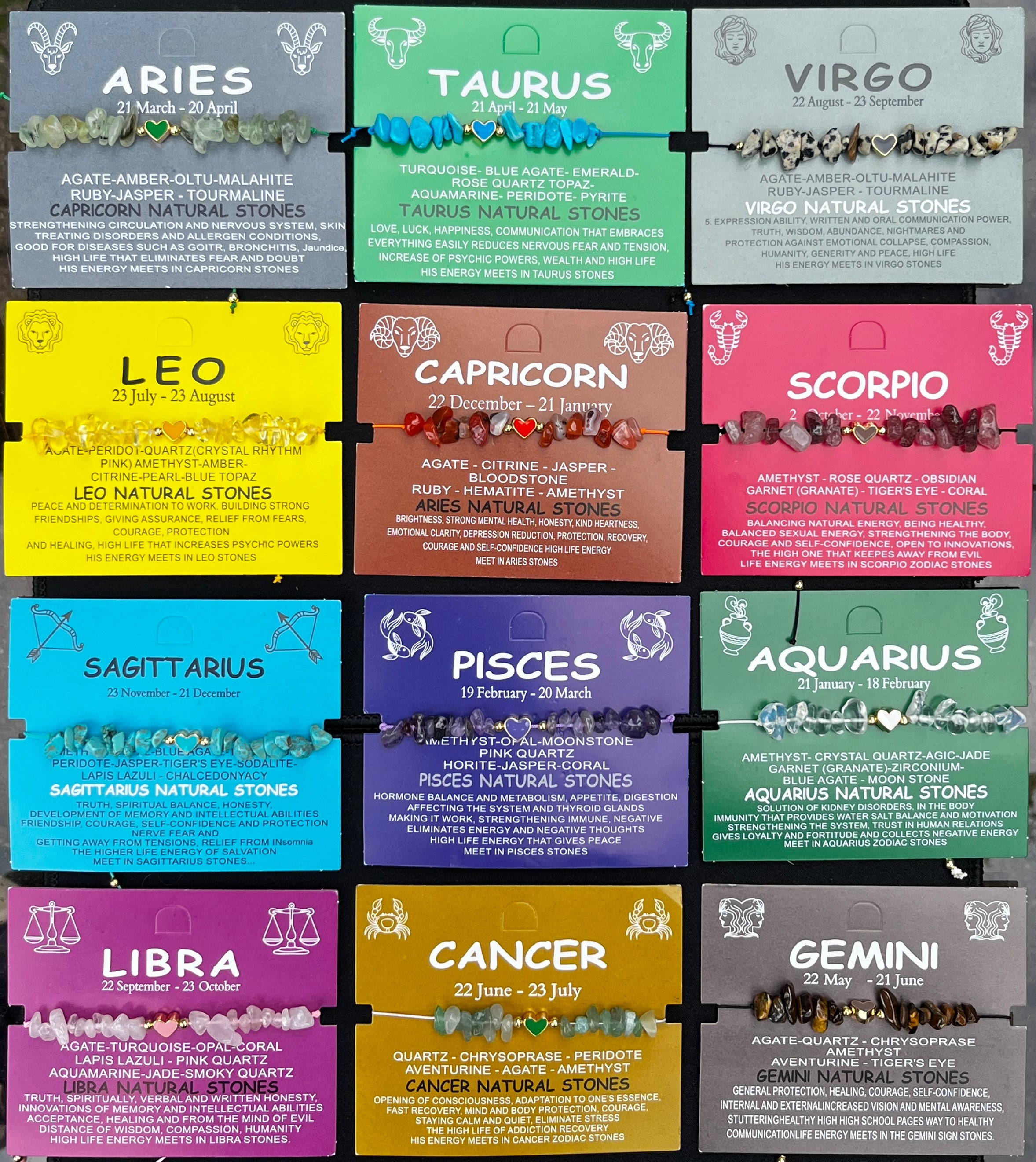 Card Bracelet  | 12 Piece Set | Zodiac Natural Stone Bracelet |Ready Card Display | 12 Signs